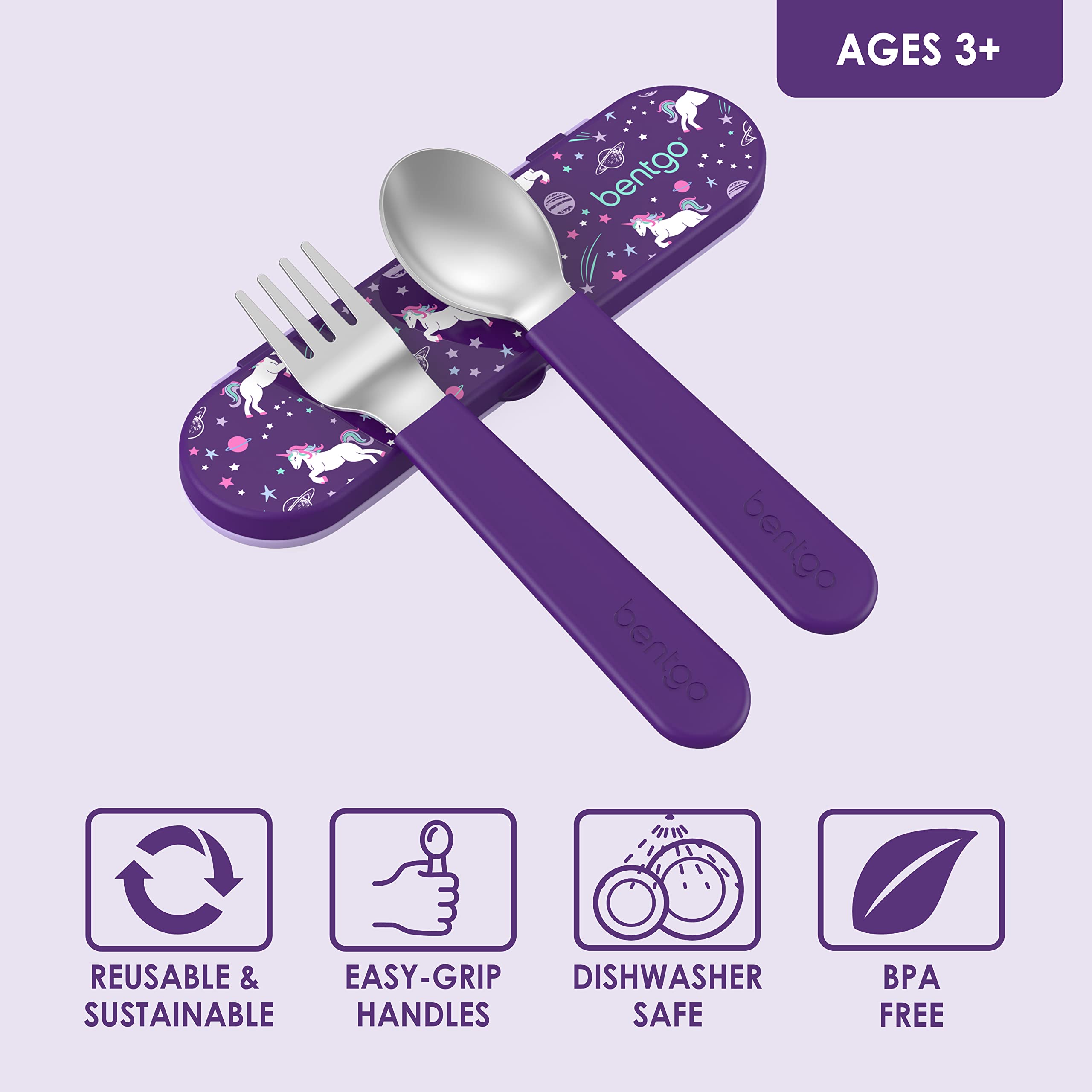 Bentgo? Kids Stainless Steel Utensil Set - Reusable Fork, Spoon & Storage Case - High-Grade BPA-Free Stainless Steel, Easy-Grip