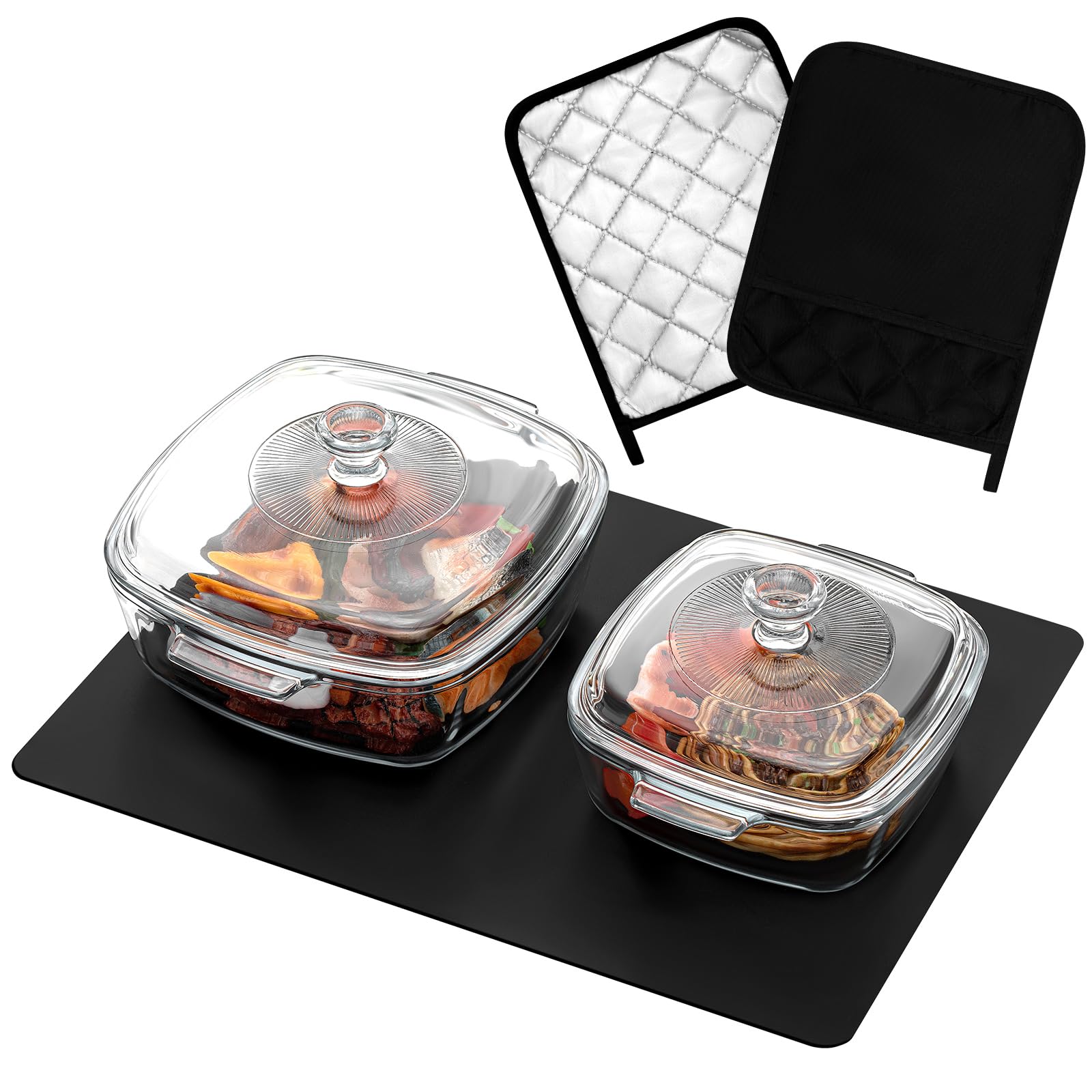 Teenyyou 2 Pcs Glass Casserole Dish with Lid 1.5 L/ 0.8 l with Baking Gloves and Heat Resistant Silicone Mat Microwave Bowls wit