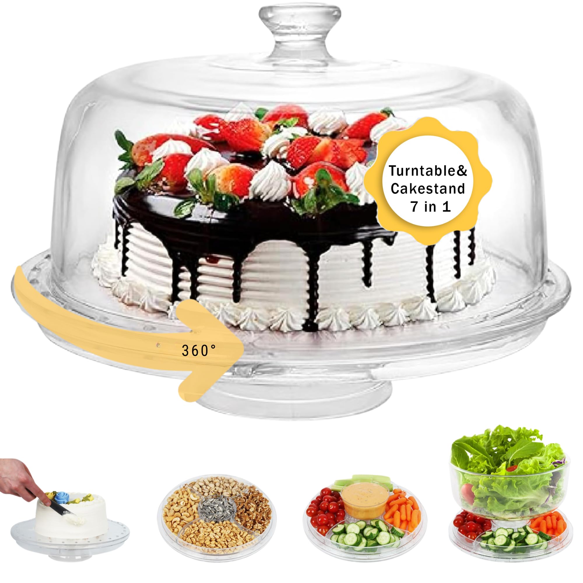 7 in 1 Rotating Multifunctional Acrylic Cake Stand with Lid & Cake Turntable for Decorating (12) - Turntable Decorating Kit Serv