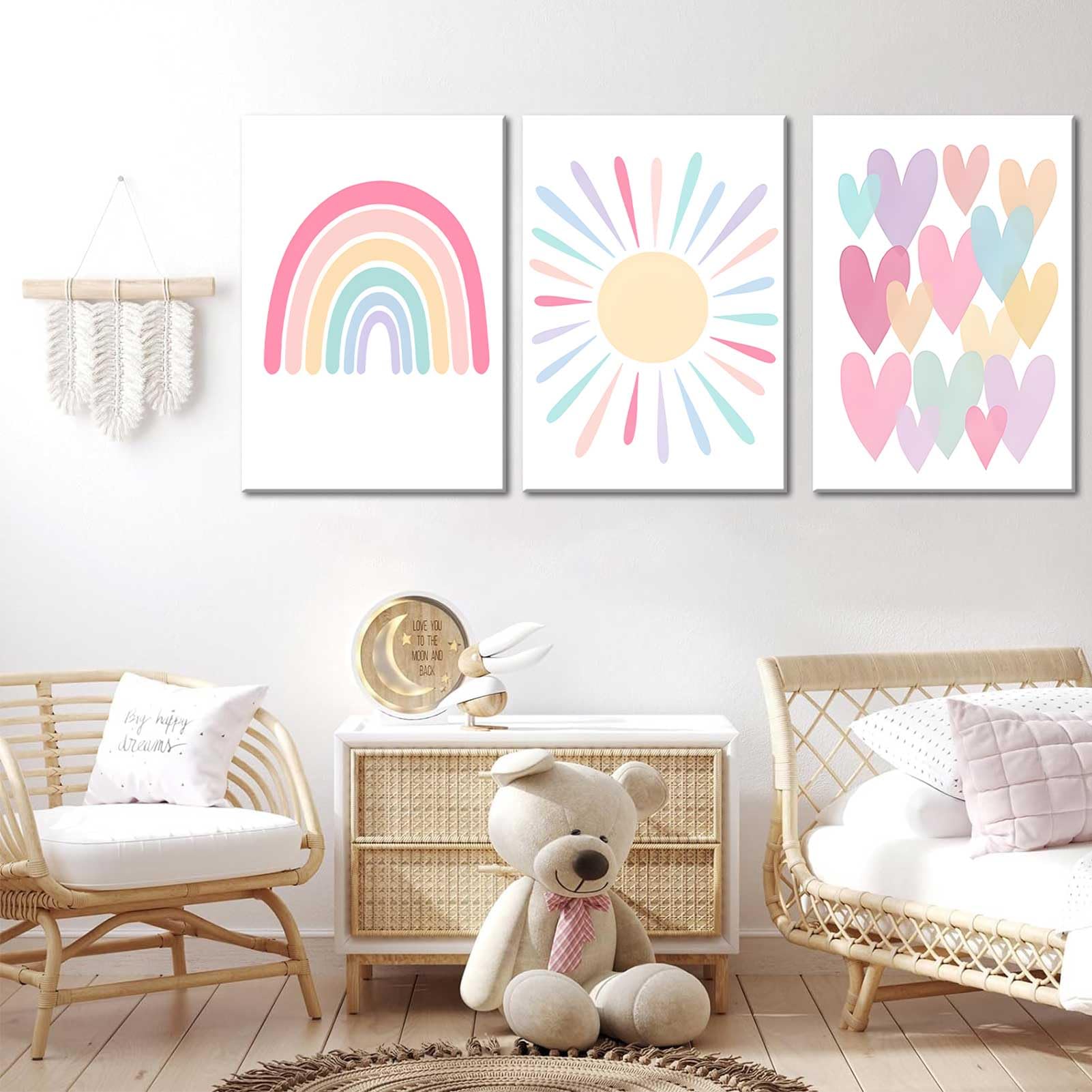 Rcjarti 3Pcs Pink Nursery Canvas Wall Art Rainbow Poster Kids Bedroom Baby Girls Toddler Pastel Wall Decor Prints Sun Boho Pink