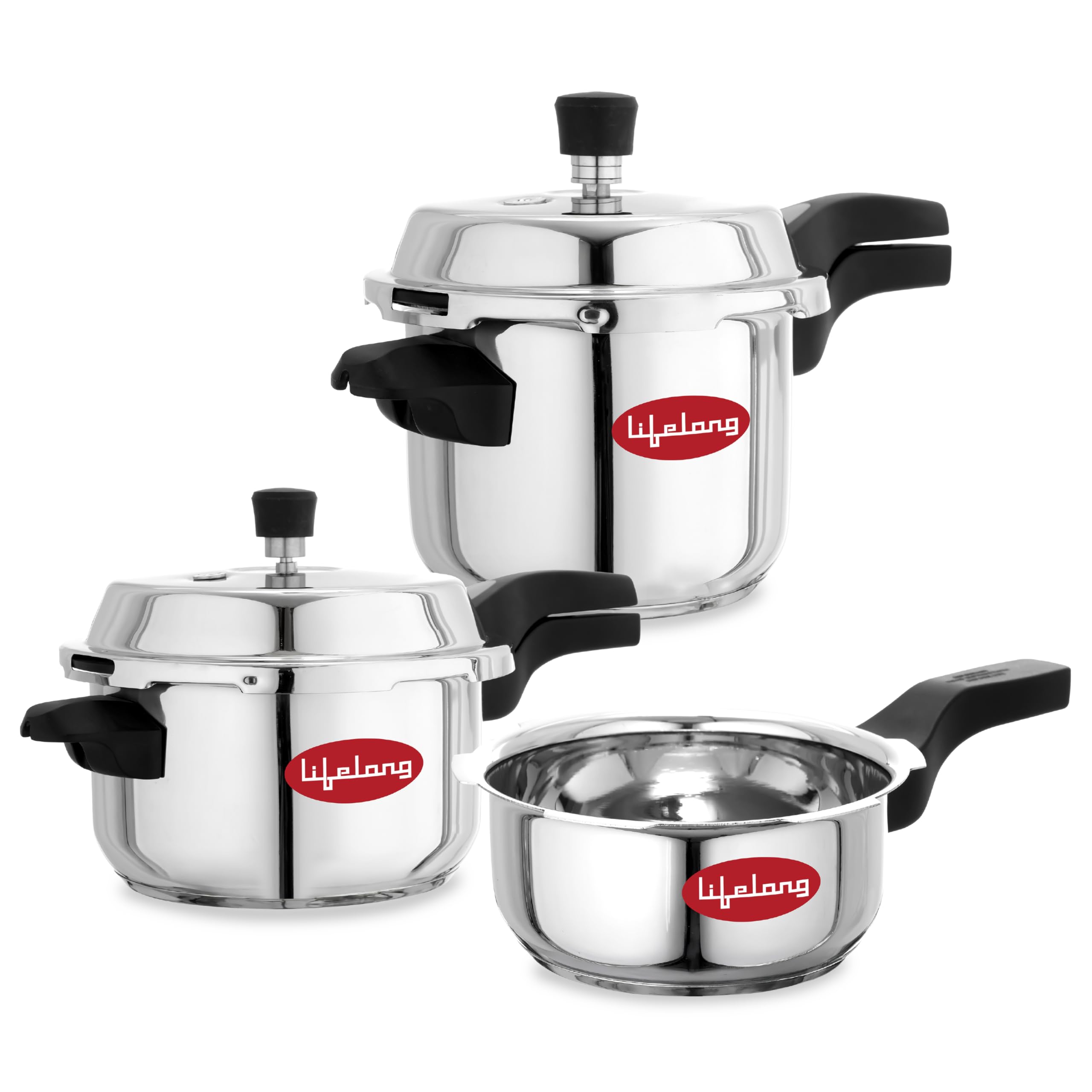 Lifelong Stainless Steel Pressure Cooker | Set Of 3 | 2L, 3L & 5L | Induction & Gas Stove Compatible With Outer Lid, Isi Certifi