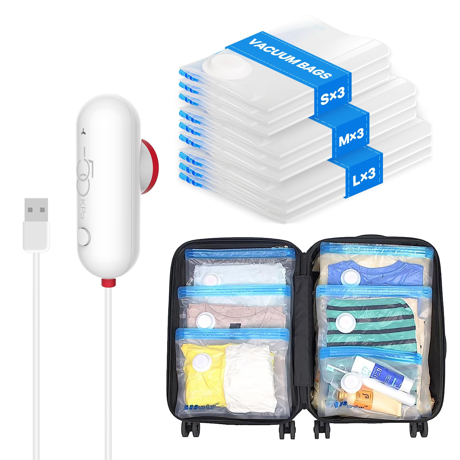 Vmstr 9 Pack Travel Vacuum Storage Bags With Usb Pump, Vacuum Packing Seal Bags For Luggage, Carry-On Size Space Saver Bags For