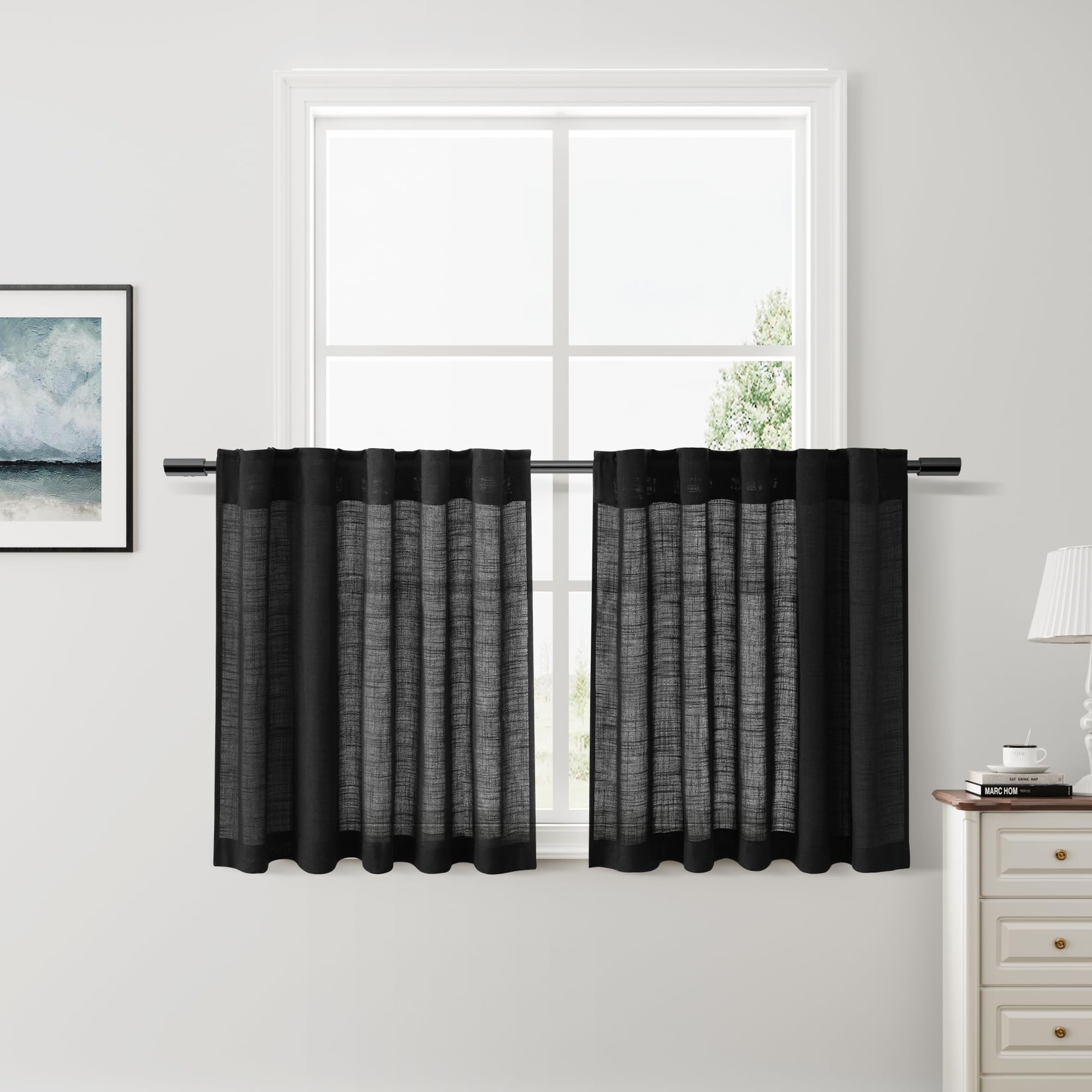 Nanspring Black Linen Curtains 24 Inch Length for Kitchen Small Windows Privacy Front Door Back Tab and Rod Pocket Drapes for Ca