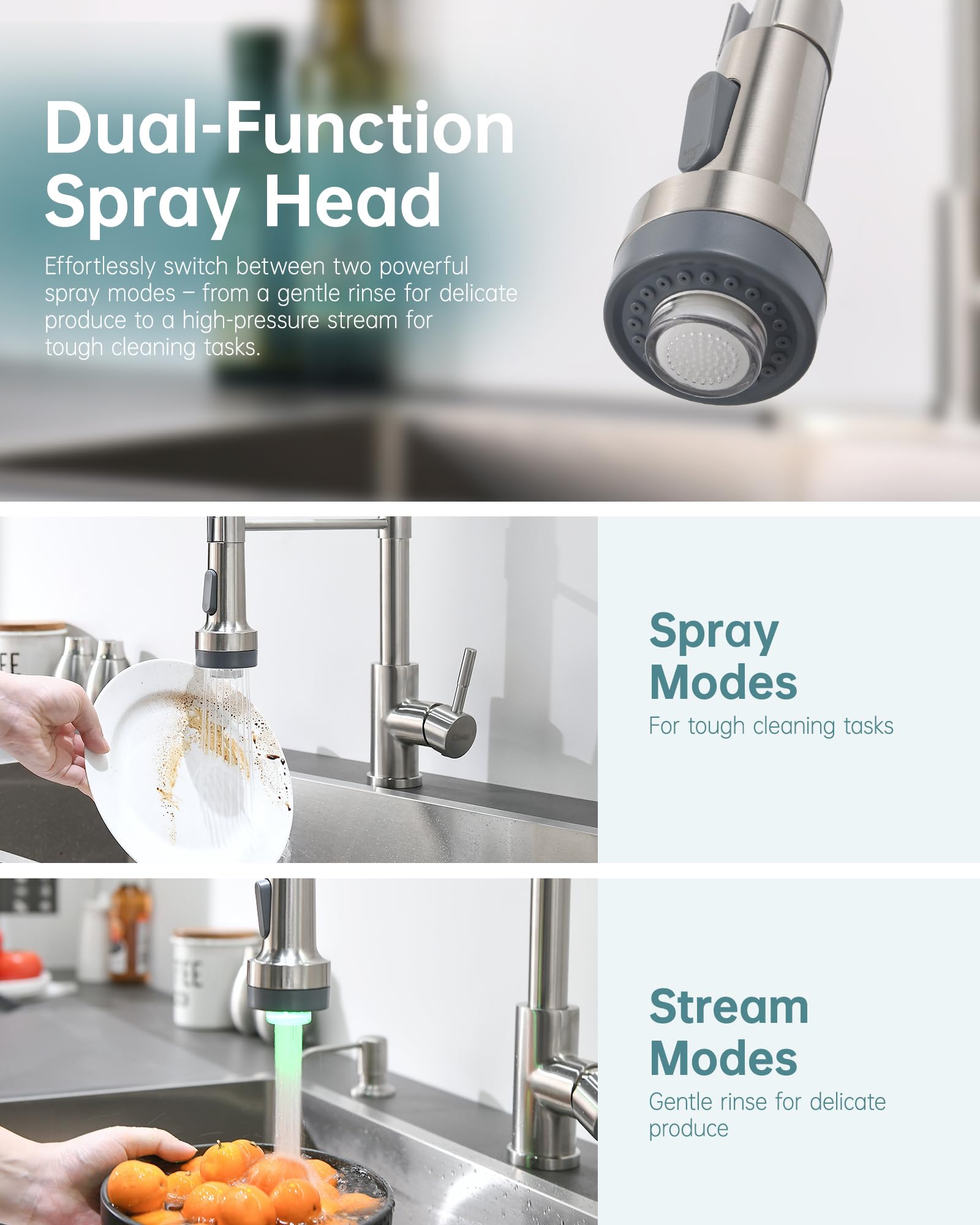 GIMILI LED Kitchen Faucet with Soap Dispenser  Modern Single Handle Spring Kitchen Sink Faucets with Pull Down Sprayer