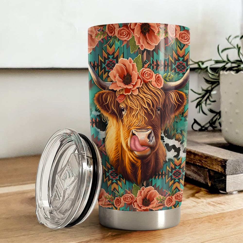 Highland Cow Tumbler 20oz Stainless Steel Insulated Coffee Travel Mug Cup for Women Girls Cows Lovers Cow Gifts for Birthday Chr