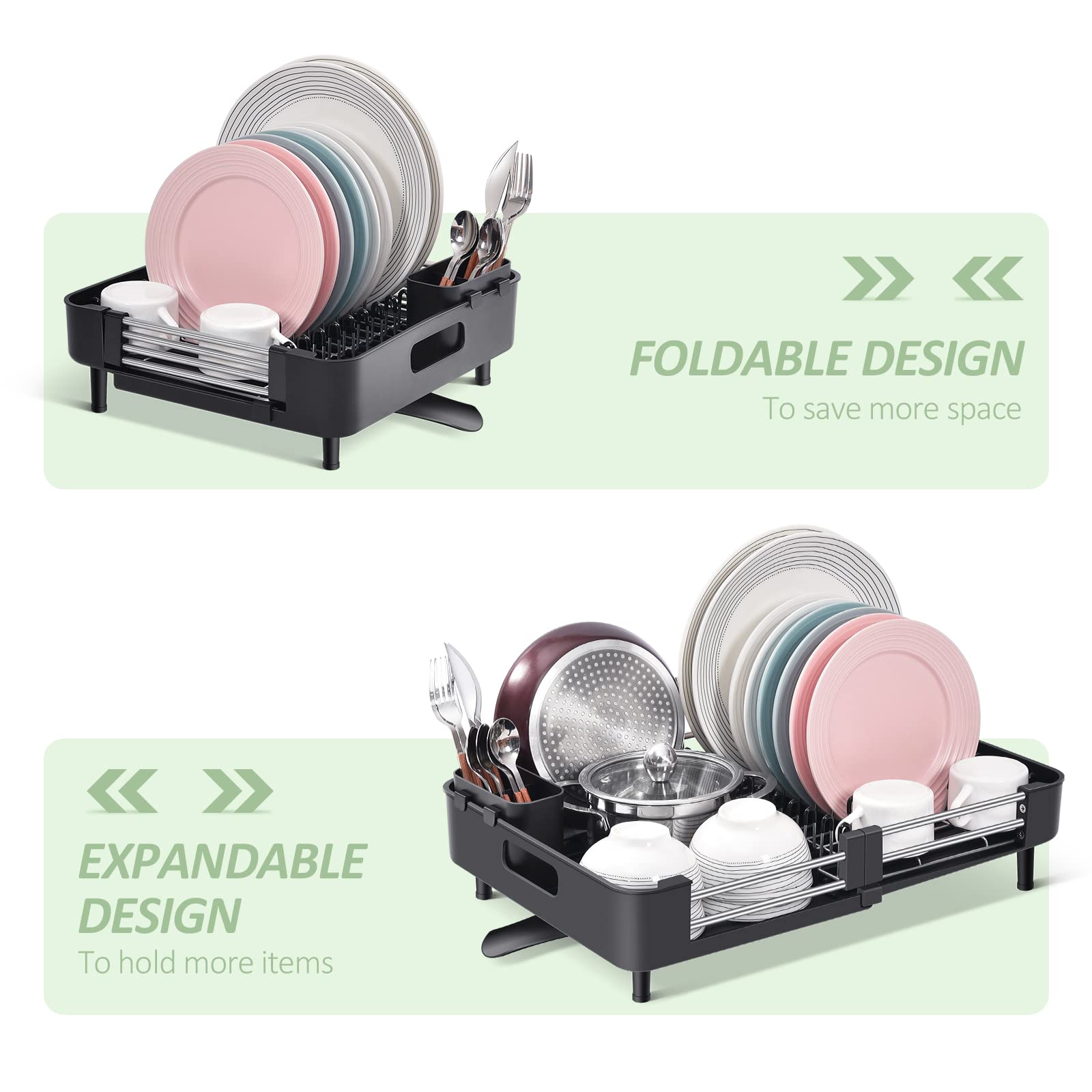 Dish Drying Rack For Kitchen Counter, Extendable Dish Rack With Drainboard, Expandable Dish Drainer, Collapsible Dish Strainer W