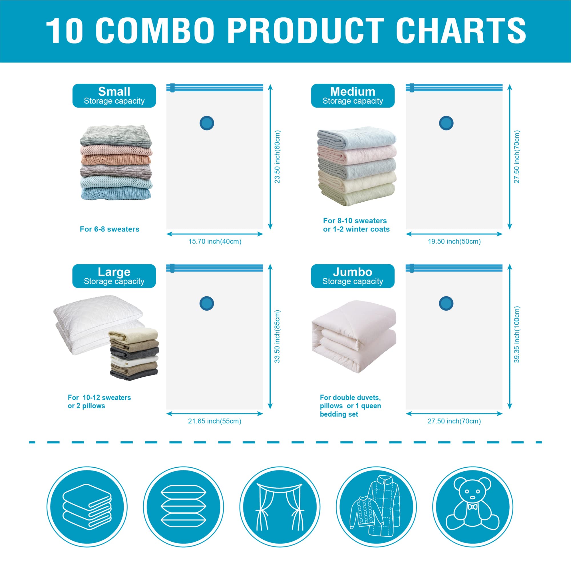 10 Pack Vacuum Storage Bags  Space Saver Bags (2 Jumbo/2 Large/3 Medium/3 Small) Compression Storage Bags for Comforters and Blankets  Vacuum Sealer Bags for Clothes Storage  Hand Pump Included