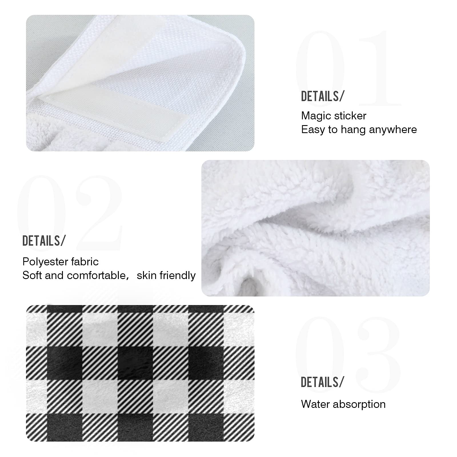 Oarencol Black And White Buffalo Check Plaid Kitchen Hand Towel Absorbent Hanging Tie Towels With Loop For Bathroom 2 Pcs
