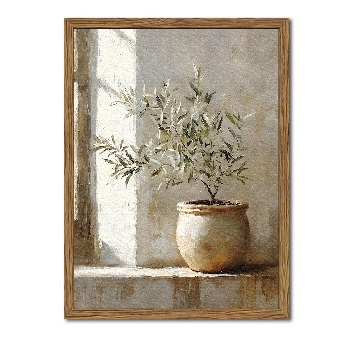 Framed Vintage Olive Tree Wall Art, 3D Textured Sandstone Botanical Pictures Wall Decor, Rustic Neutral Potted Plant Paintings P