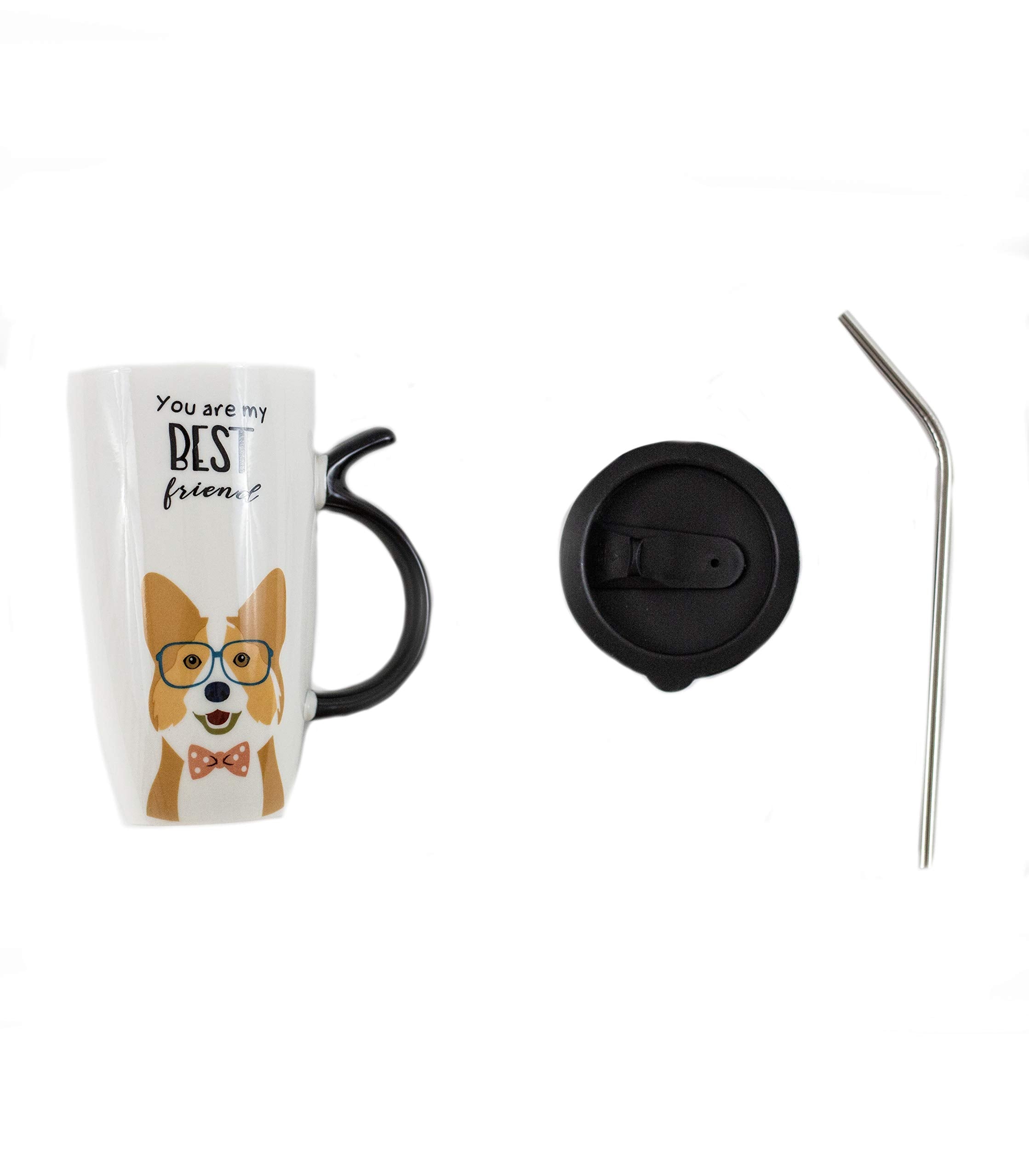 Nayothecorgi Corgi Mug Set W/Lid, Metal Straw & Spoon - Ceramic Mug - Best Friend Coffee Tumbler With Lid And Straw - Reusable C
