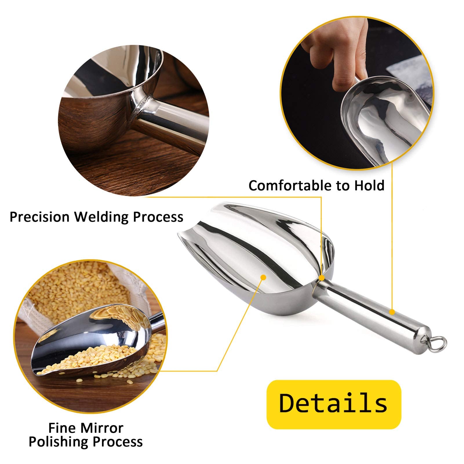 Teamfar Ice Scoop Set Of 3, 3/5 / 8 Oz, Utility Metal Scoop Stainless Steel For Food Candy Popcorn, Healthy & Mirror Finish, Eas
