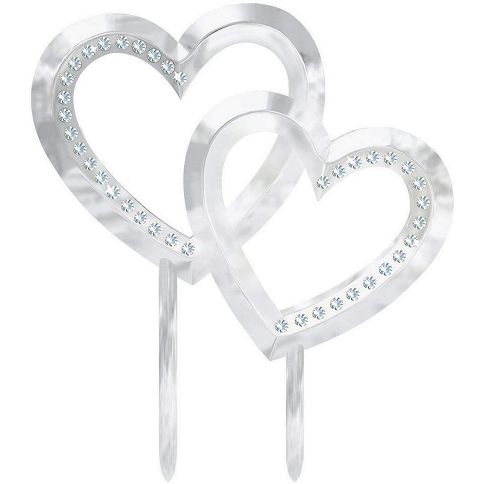 Elegant Electroplated Double Heart With Gems Wedding Cake Topper Party Supply, Silver, Plastic, 5 X 4