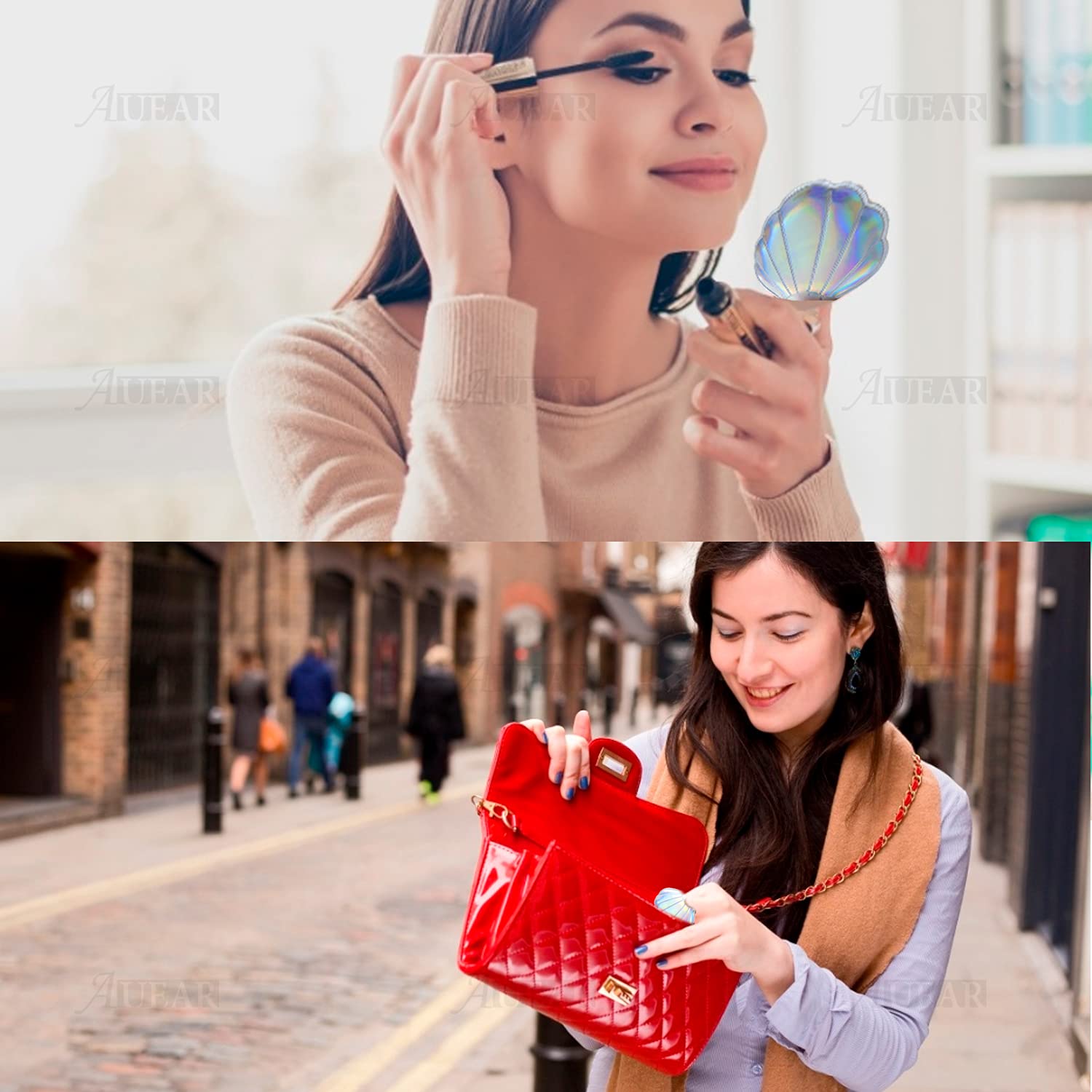 Auear, 4 Pack Glitter Shell Mirror Double-Sided Magnification Makeup Mini Portable Foldable Handheld Compact For Purse Handbag P