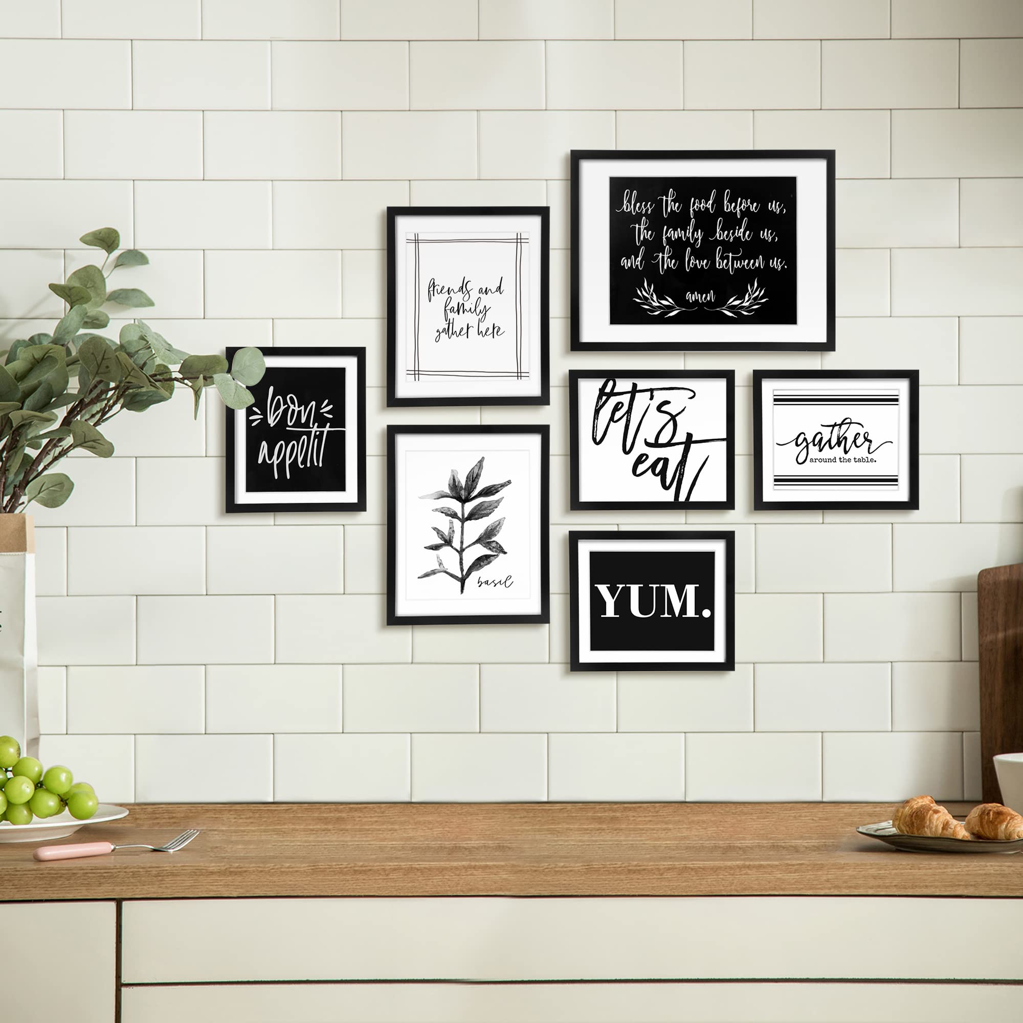 ArtbyHannah 7 Pack Framed Kitchen Wall Art Decor for Dining Room with Black Gallery Wall Frames Sets and Decorative Art Prints for Gallery Wall Kit or Home Decoration Multi Size 12x16 9.5x12 8x9.5