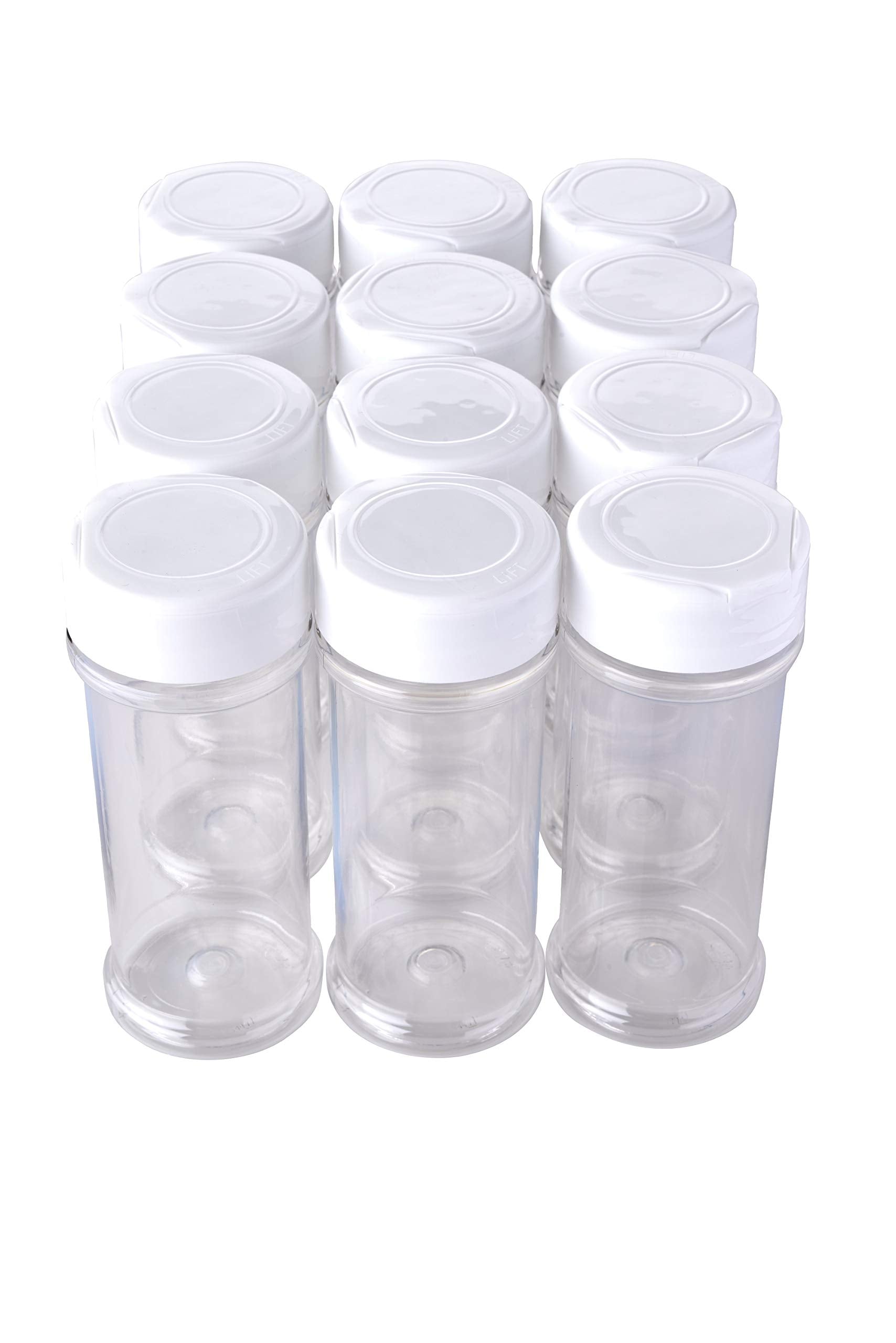 12 Pack of 6 Oz. Empty Clear Plastic Spice Bottles with White Sprinkle Top Lids For Storing and Dispensing Salt, Sweeteners and
