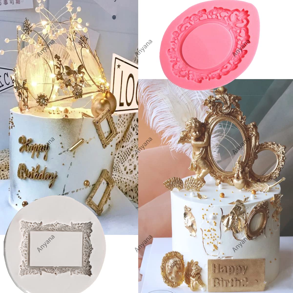 Anyana Mini Victorian Picture Rectangle Oval Royal Frame Photo Mirror Mould Cake Fondant Gum Paste Silicone Molds Set Of 2