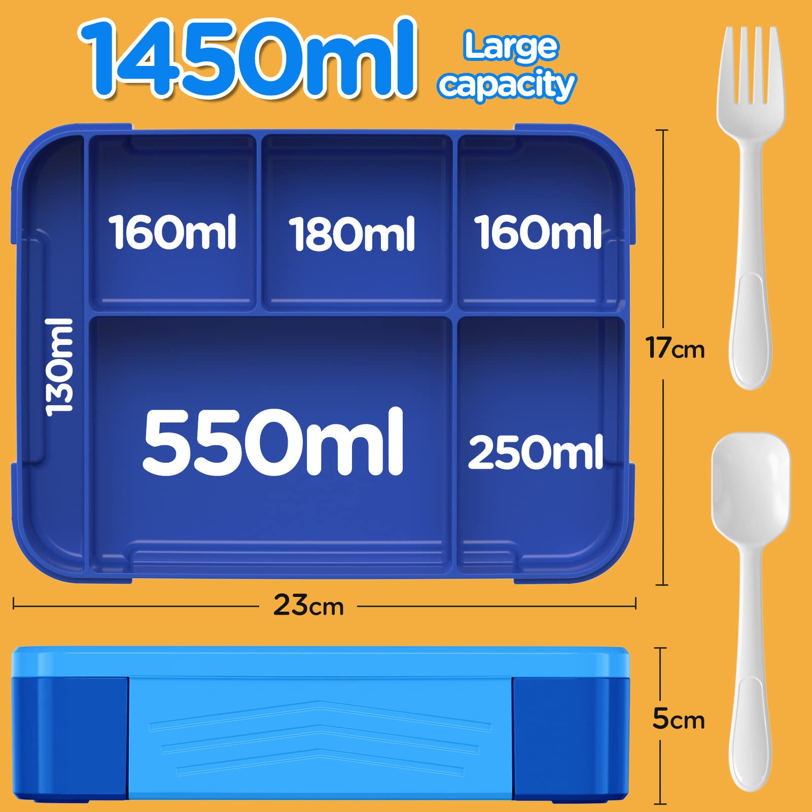 Jelife Bento Lunch Box For Kids - 1450Ml Leakproof Kids Bento Box 6 Compartments Toddler Lunch Boxes With Silverware For Back To