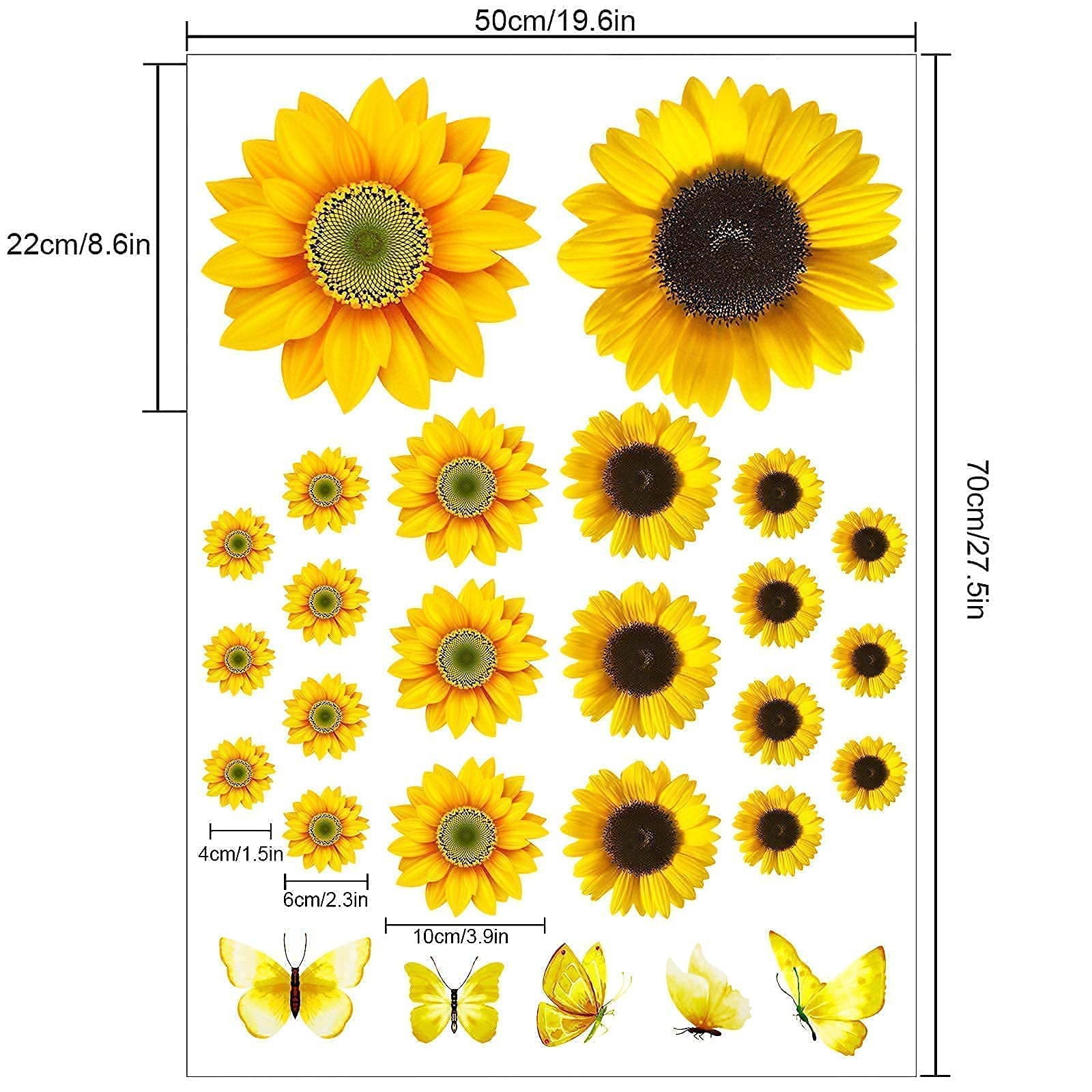 Large Sunflower Wall Stickers - 39 Pcs Sunflower Daisy Decals For Wall 3D Butterfly Wall Sticker Sunflower Bathroom Nursery Deco