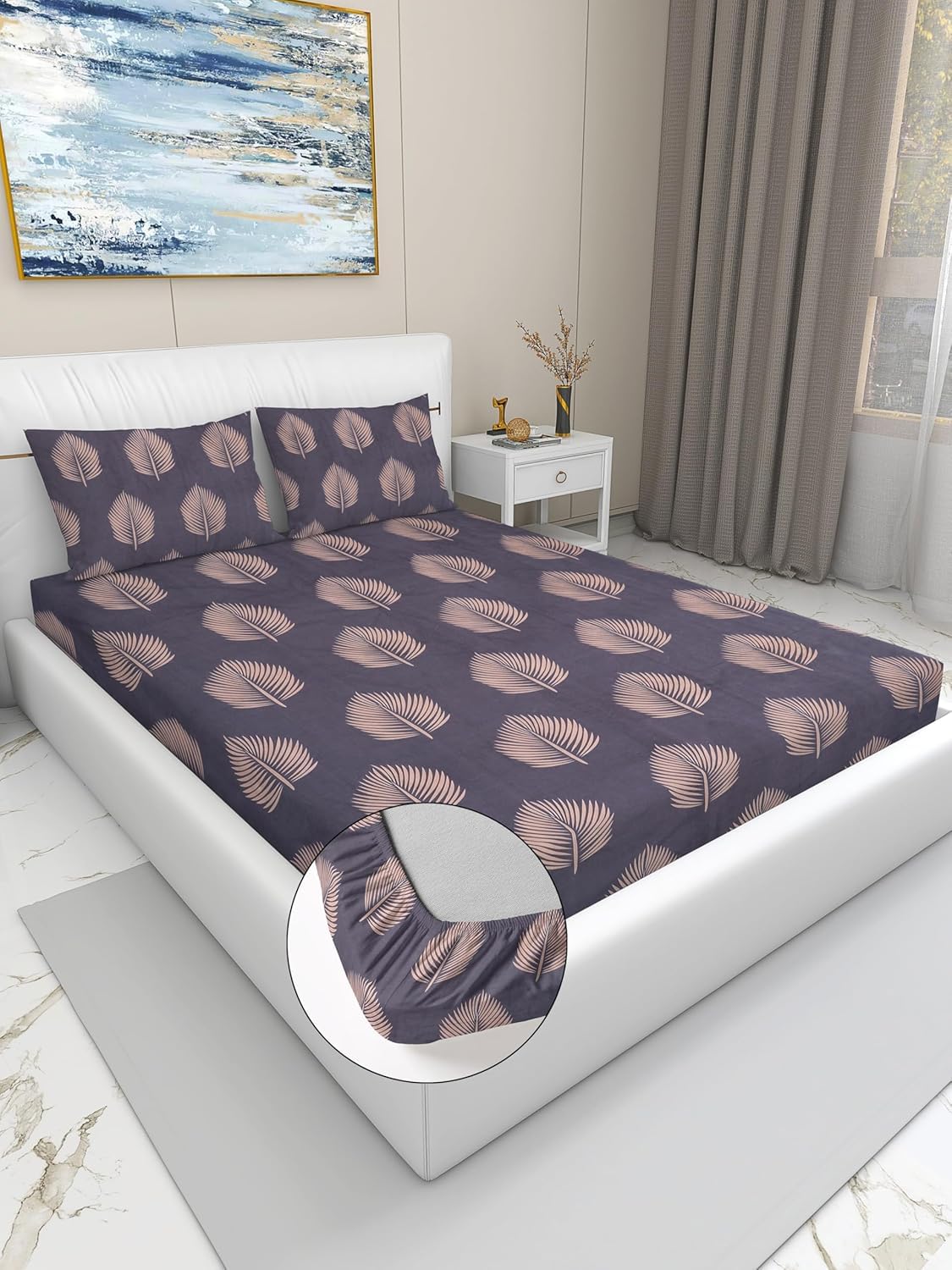 AB HOME DECOR 300TC Soft Touch Hypoallergenic Glace Cotton All Around Elastic Fitted Bedsheet for Double Bed Queen Size 60x 78
