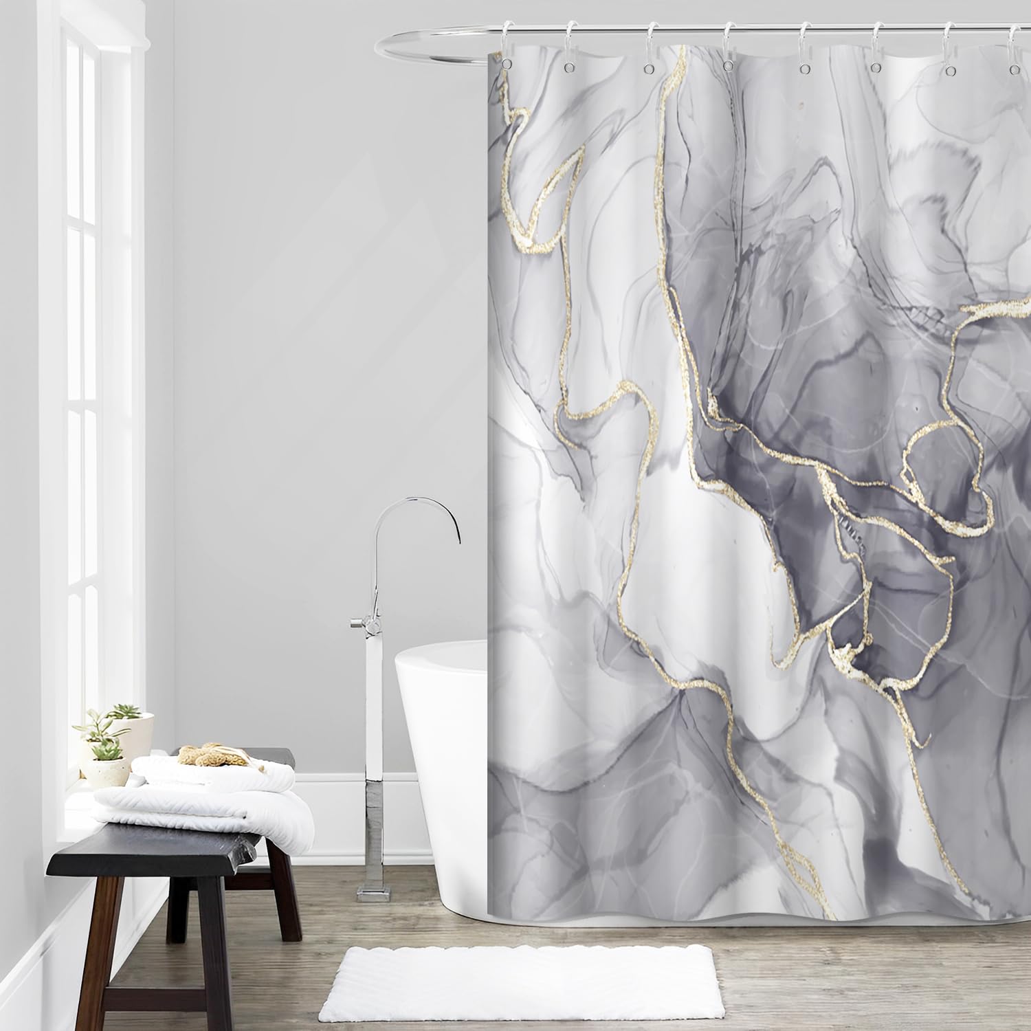 Ruelvth Grey Shower Curtain, Ombre Grey Marble Shower Curtain For Bathroom Modern Aesthetic Ink Texture Waterproof Fabric Shower