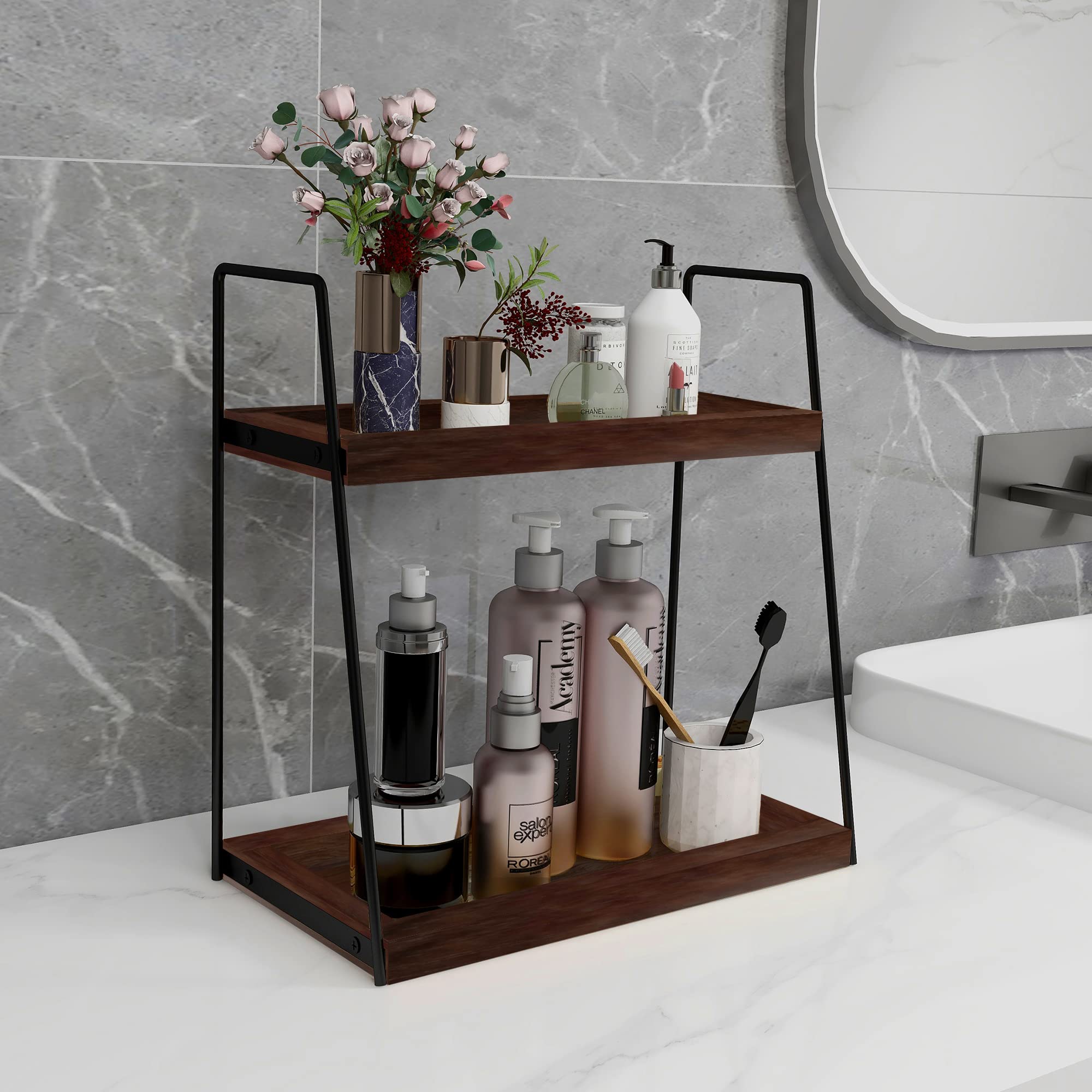 Dorhors 2 Tier Bathroom Storage And Organization,Coffee Bar Accessories,Coffee Organizer Station,Wood Countertop Organizer For B