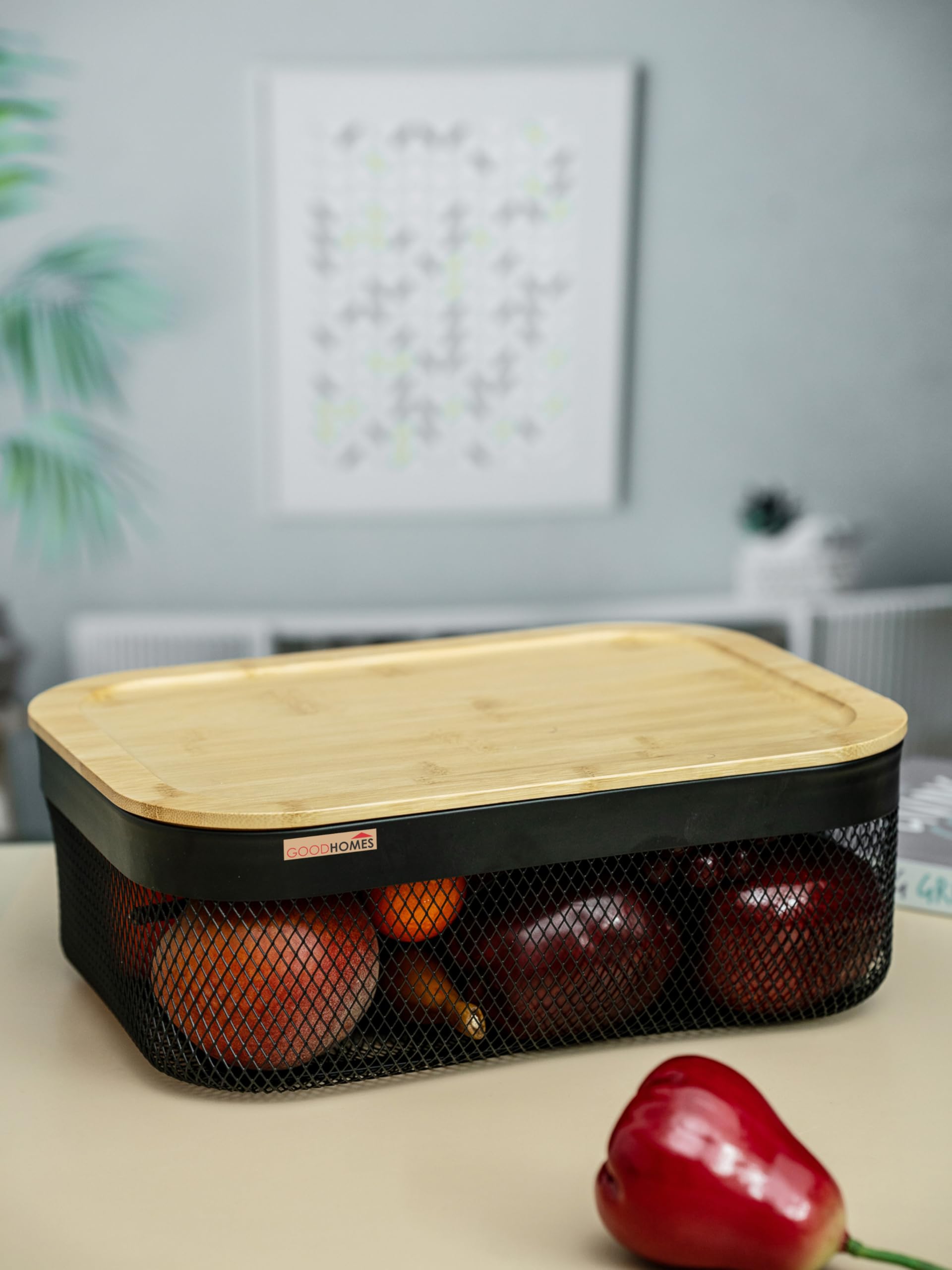 Goodhomes Metal Fruit Basket With Wooden Lid Basket17Black