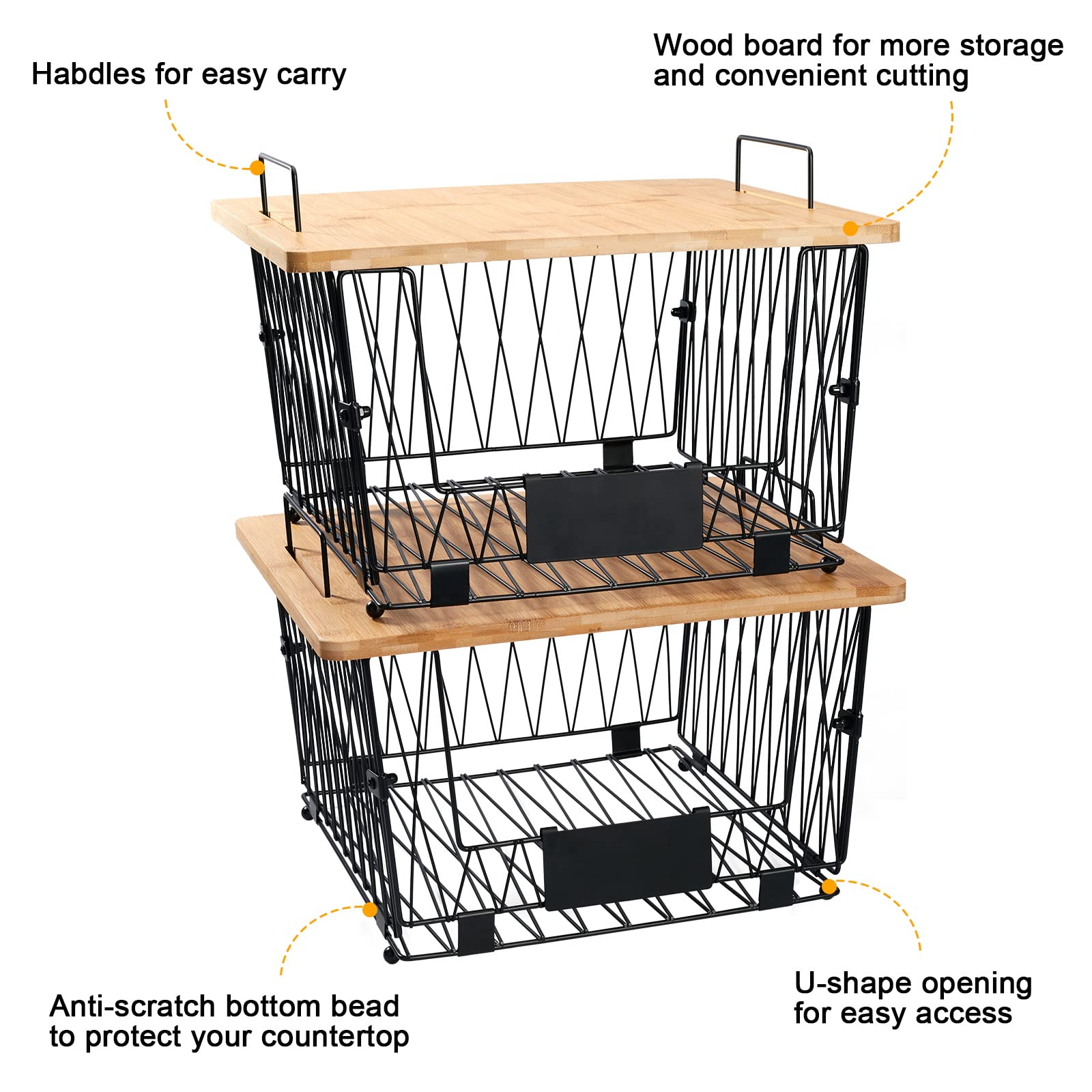 2 Pack Stackable Wire Storage Baskets With Wood Lid- Kitchen Countertop Organizer For Fruit Vegetable -Large Metal Bin For Pantr