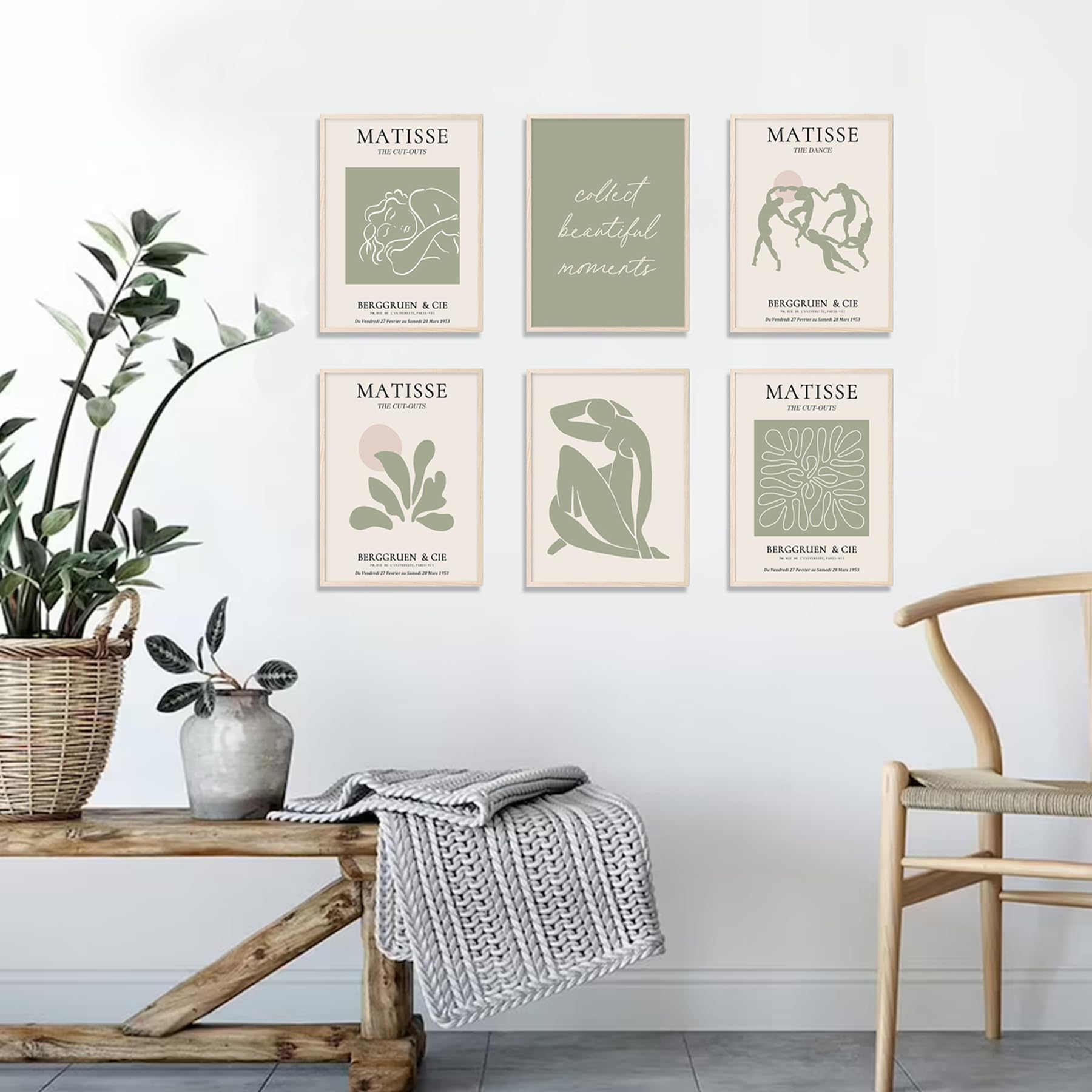 Sage Green Matisse Wall Art Prints Posters,6Pcs Abstract Matisse Canvas Wall Art, Minimalist Women'S Body Line Leaf Sage Green B