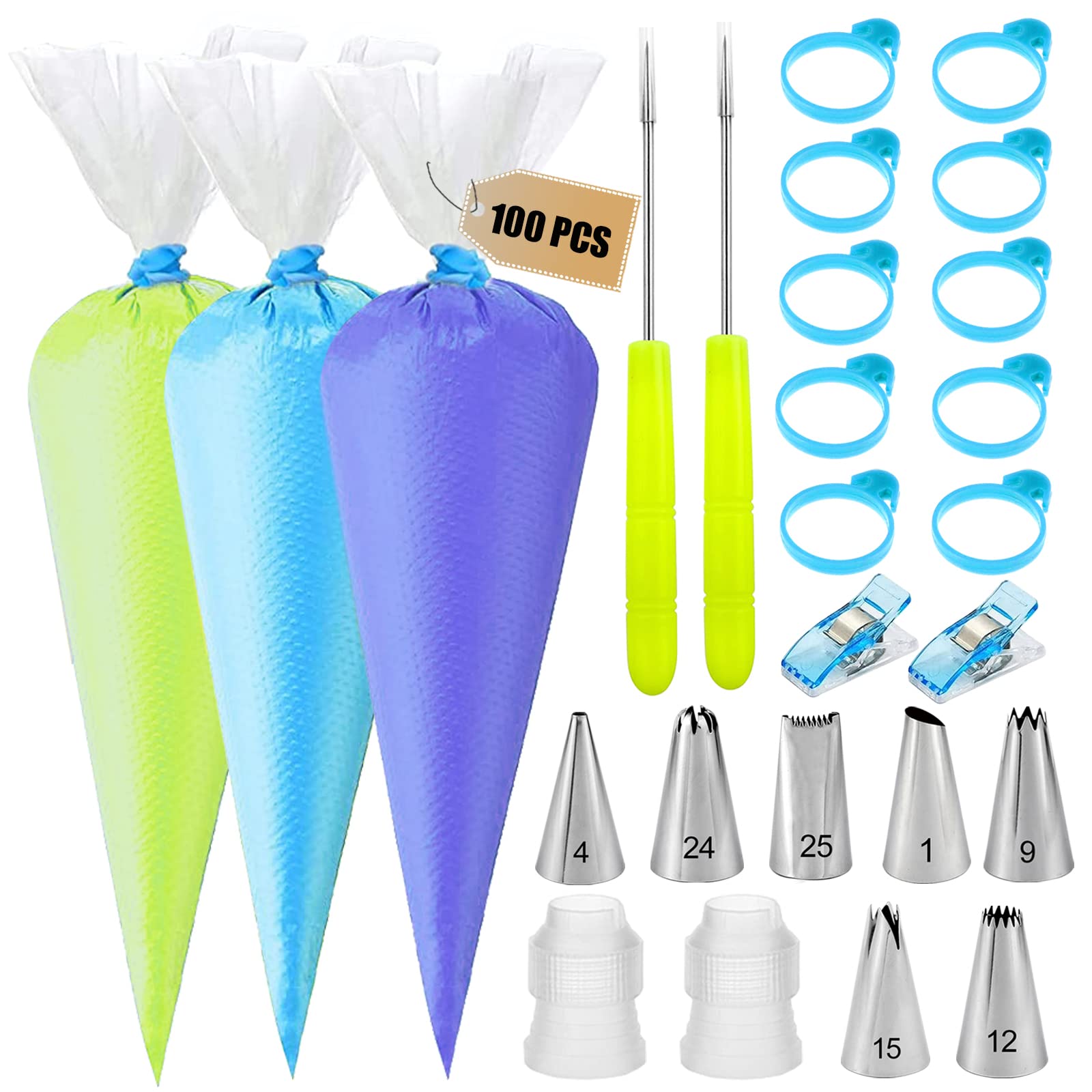 Piping Bags and Tips Set - 100 12Inch Disposable Pastry Piping Bags for Royal Icing with 7 Frosting Tips, 10 Icing Bags Ties, 2 