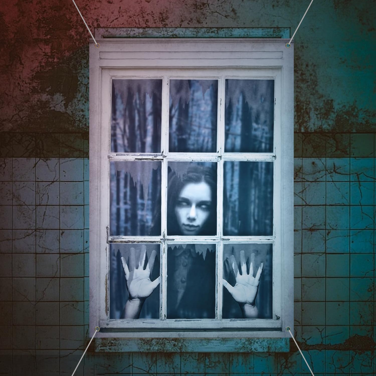 Ghost Halloween Decor - White Eyes Window Silhouette Curtains for Door, Wall - Scary Indoor/Outdoor Decor (Female Ghost)