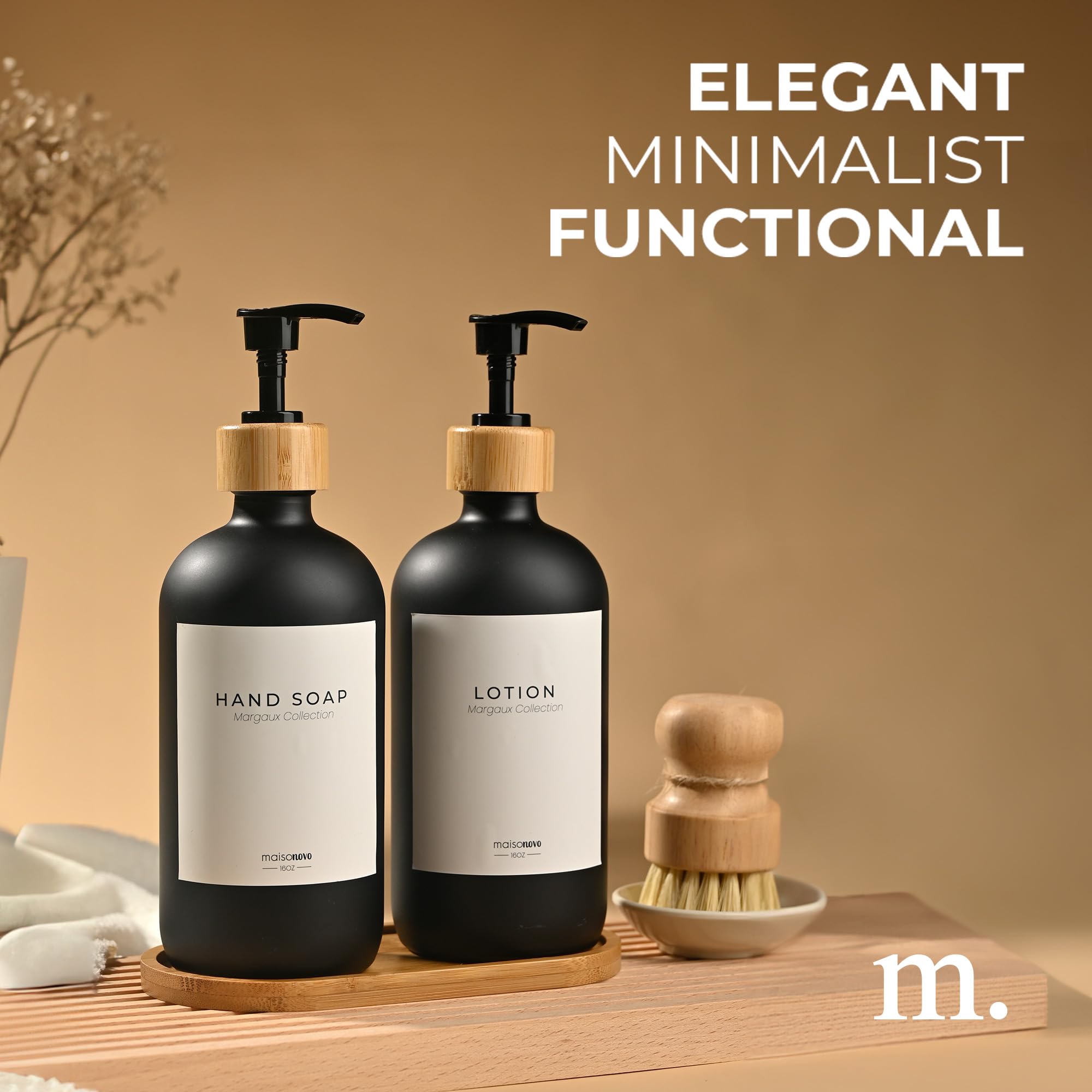 Maisonovo Bathroom Hand Soap Dispenser | Bamboo Glass Black Set X 2