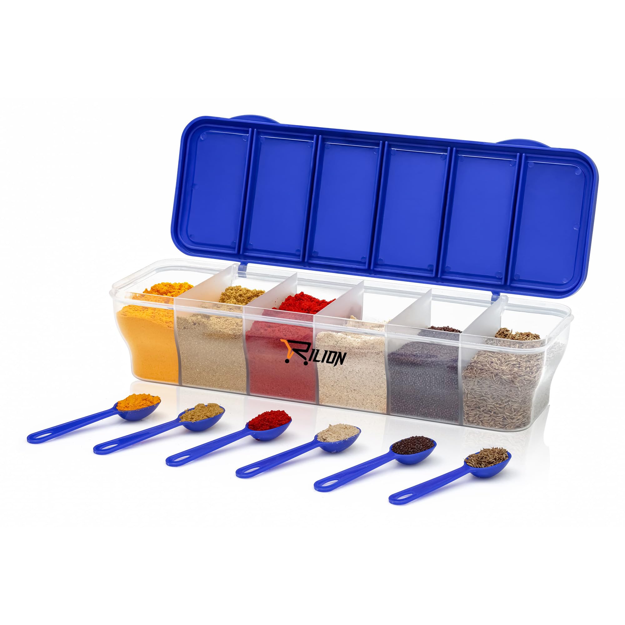 Rilion Multipurpose 6-In-1 Masala Box For Kitchen| Airtight Bpa-Free Plastic 6 Section Storage Container With 6 Spoons, 1800 Ml 