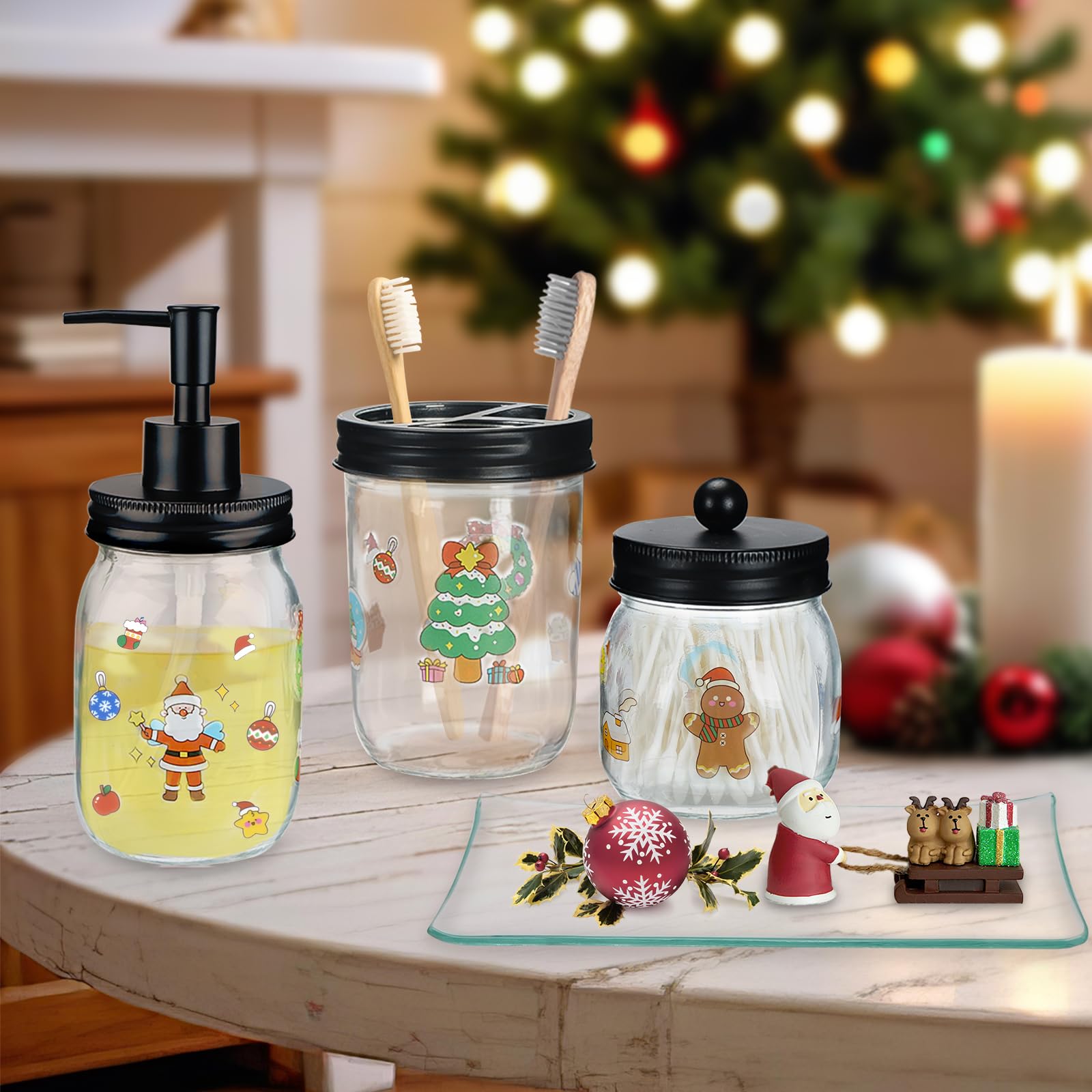 Haturi Bathroom Accessories Set, 4Pcs Christmas Mason Jar Bathroom Decor, Lotion Soap Dispenser, Toothbrush Holder, Qtip Holders