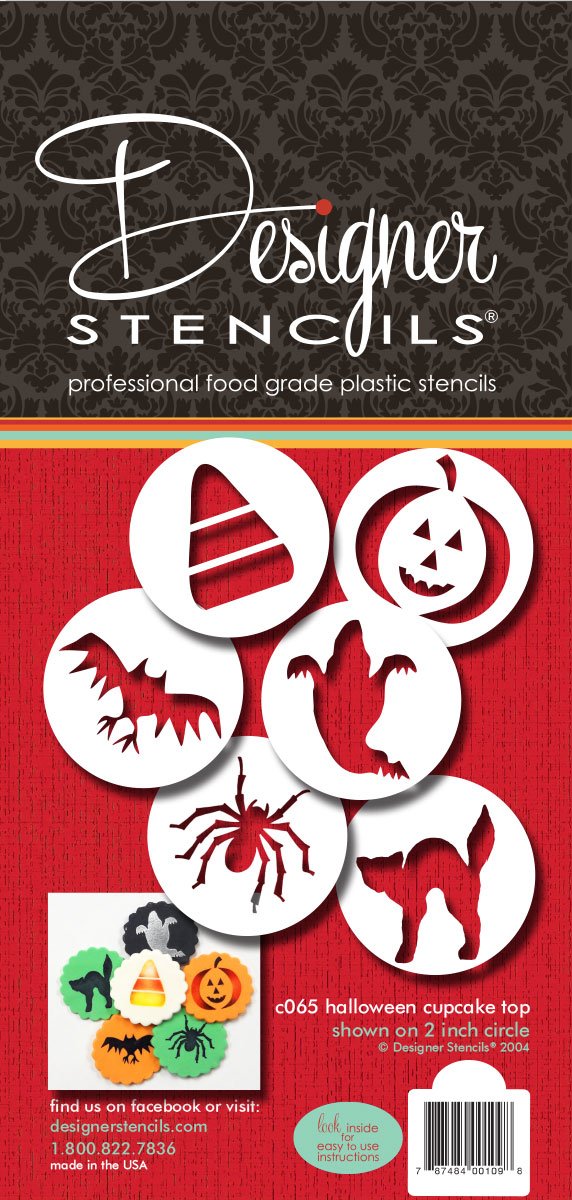 Designer Stencils C065 Halloween Cupcake And Cookie Stencil Set With Cat, Candy Corn, Spider, Ghost, Bat And Pumpkin, Beige/Semi