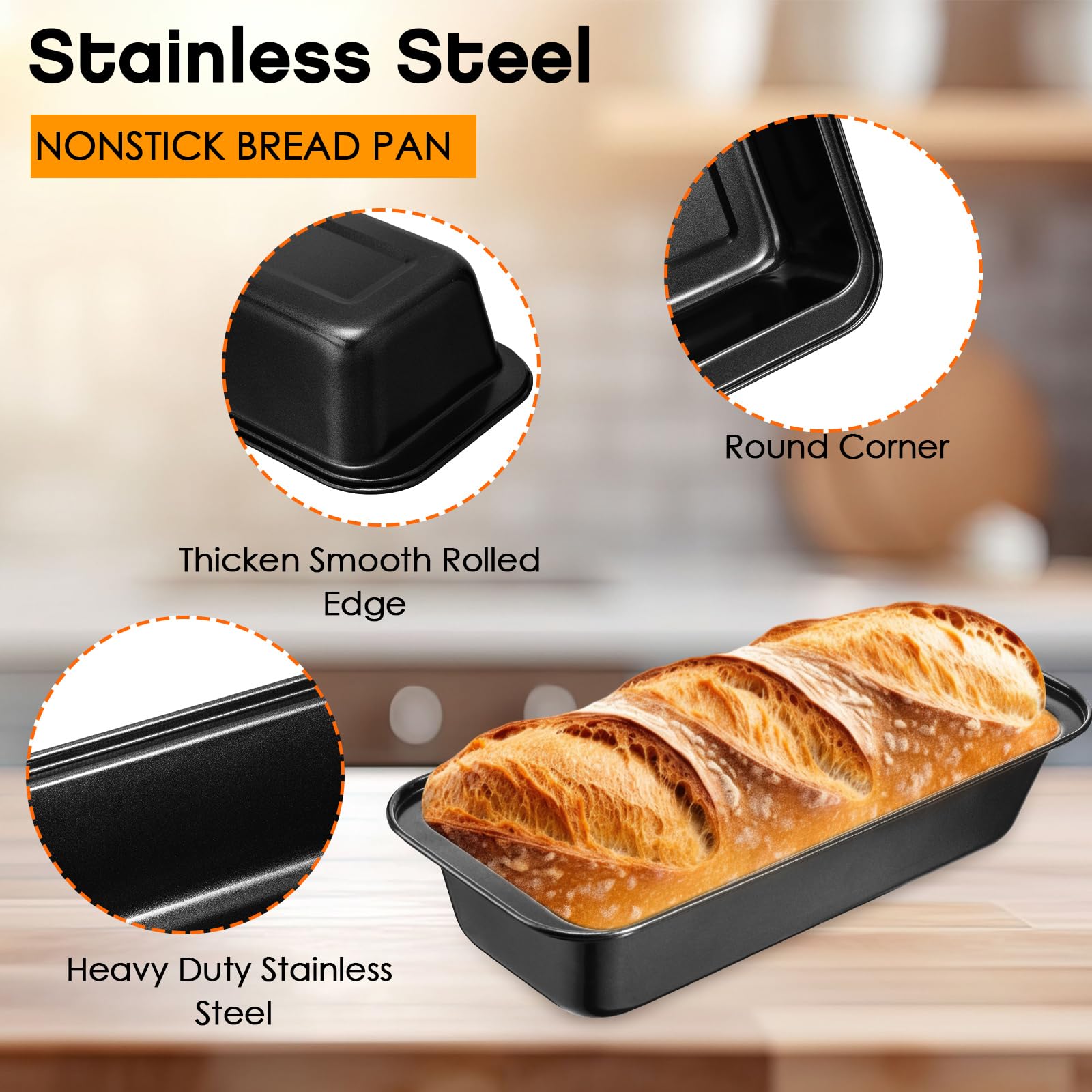 Sliner 6 Pcs Loaf Pan,12 X 5 Inch Long Loaf Pan Nonstick Baking Bread Pan Stainless Steel Rectangle Cake Pan Black Bread Tin Bak