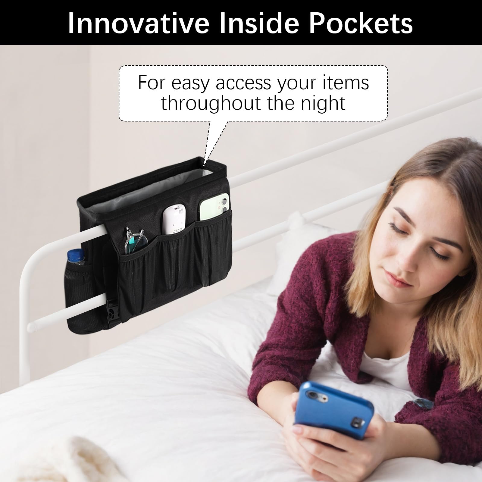 WOMACO Bedside Caddy, Dorm Bed Caddy with Adjustable Strap Buckles, Heavy Duty Multi Pockets Bunk Loft Bed Accessories Hanging O