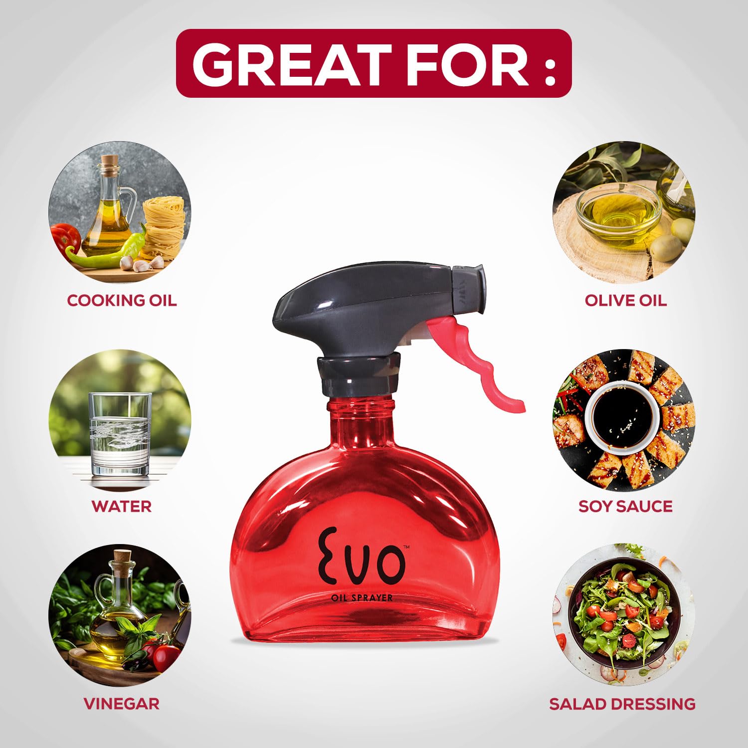 Evo Oil Sprayer Glass Bottle | Non-Aerosol for Oils & Vinegars | 6-Oz Capacity | Red | Model 8116RD