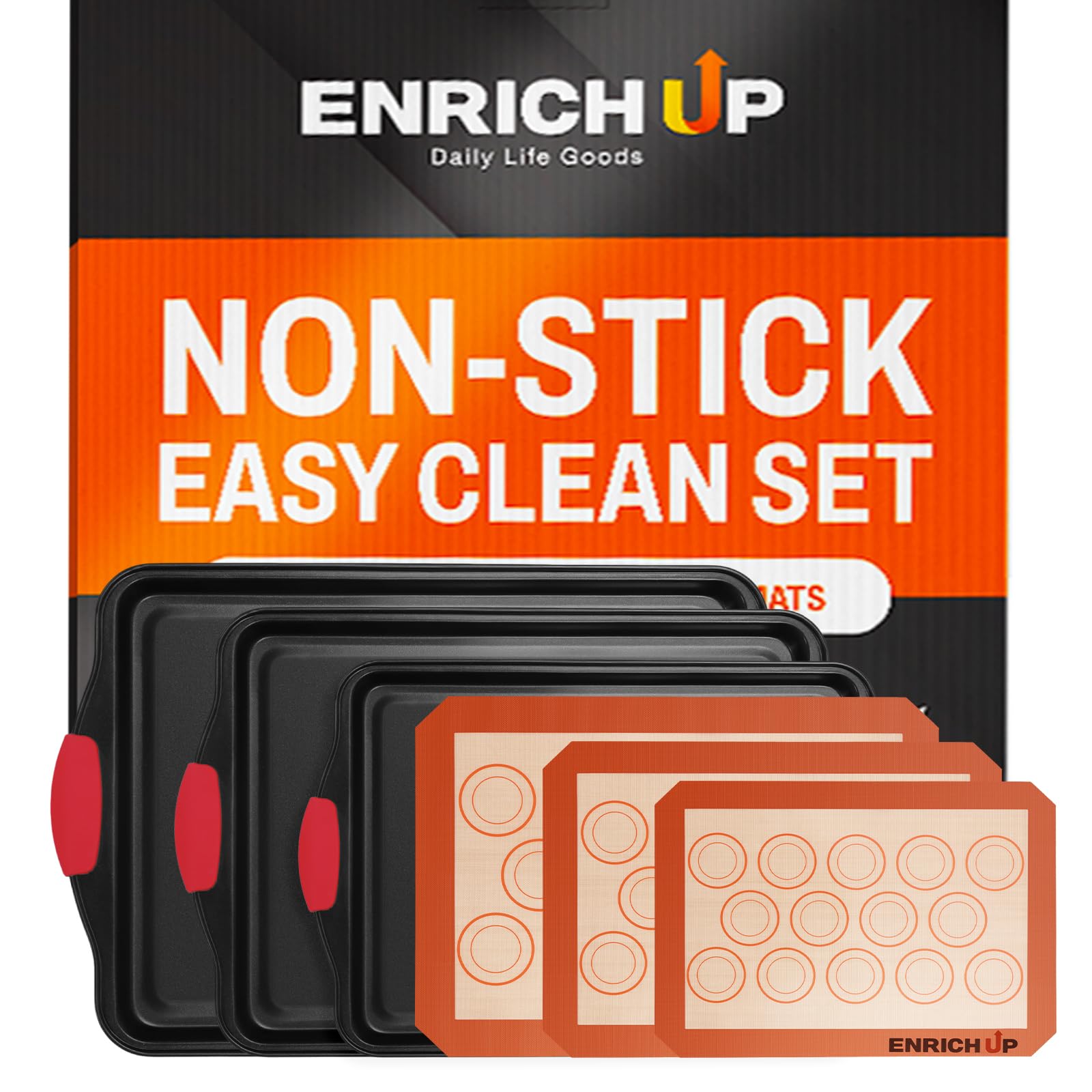 ENRICH UP Baking Pans Set 6Pc Nonstick Cookie Sheets with Silicone Mats