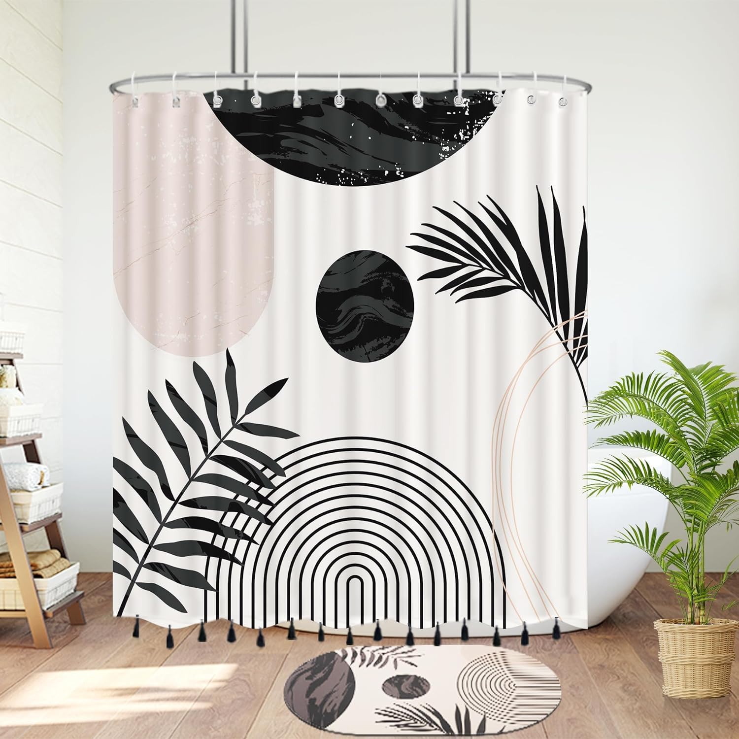 Giumsi 72'' X 96'' Black And White Boho Shower Curtain Set With Blacktassel Accents And Modern Minimalistic Design - Waterproof