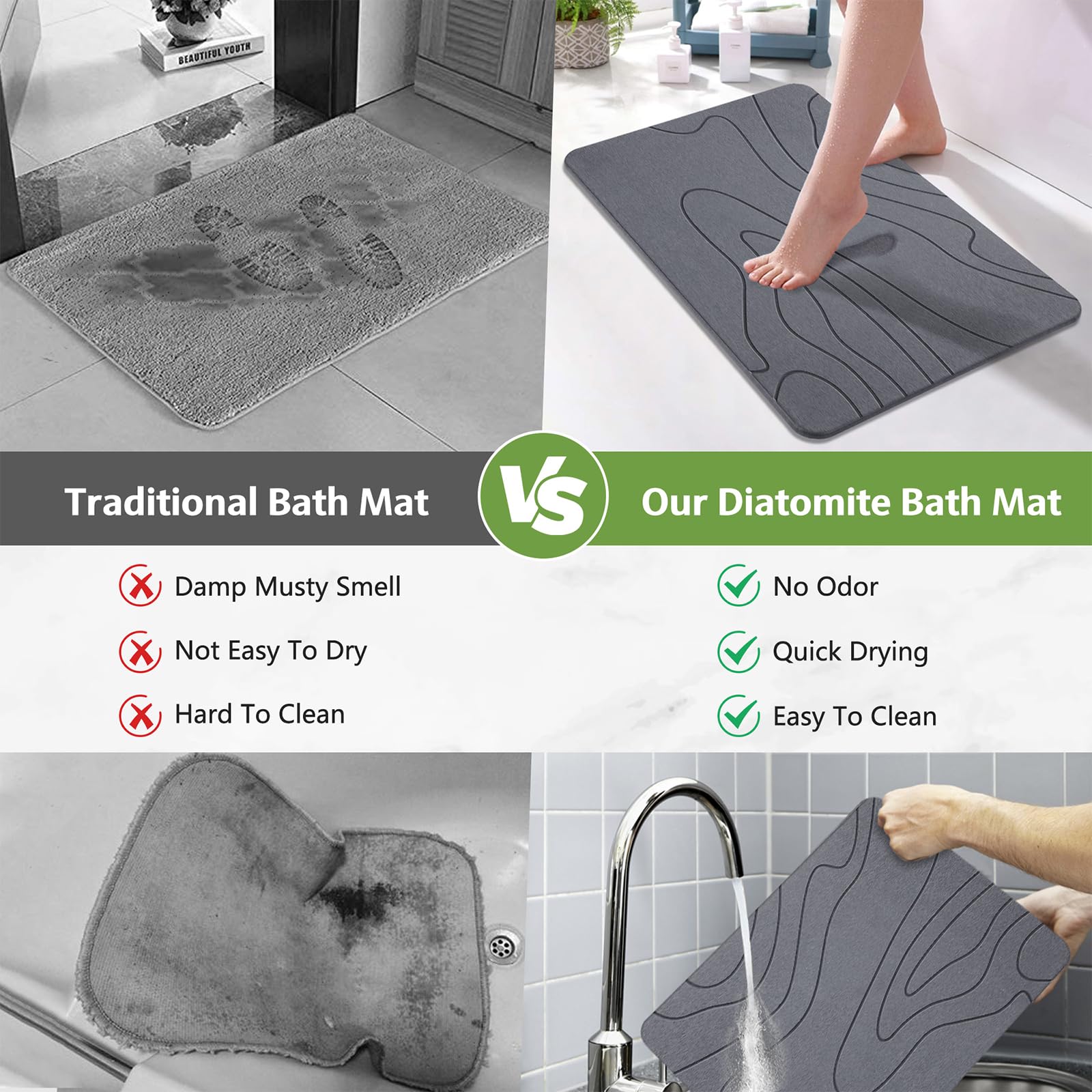 Stone Bath Mat - Diatomaceous Earth Shower Mat, Non-Slip Super Absorbent Quick Drying Diatomite Stone Bath Mats For Bathroom Flo