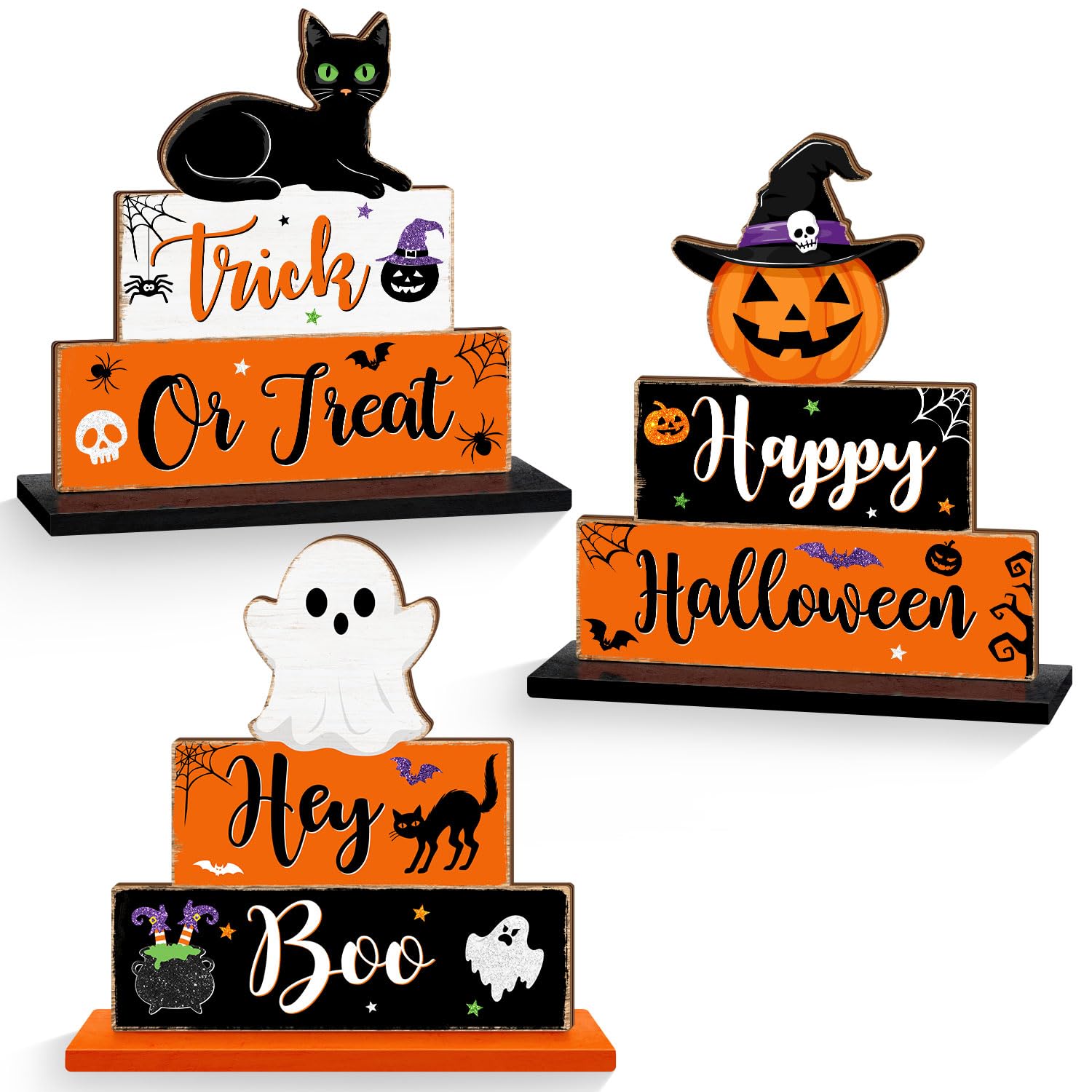 Halloween Table Signs Decorations, 3 PCS Ghost Pumpkin Bat Black Cat Wooden Table Decor, Boo Spooky Happy Halloween Rustic Signs