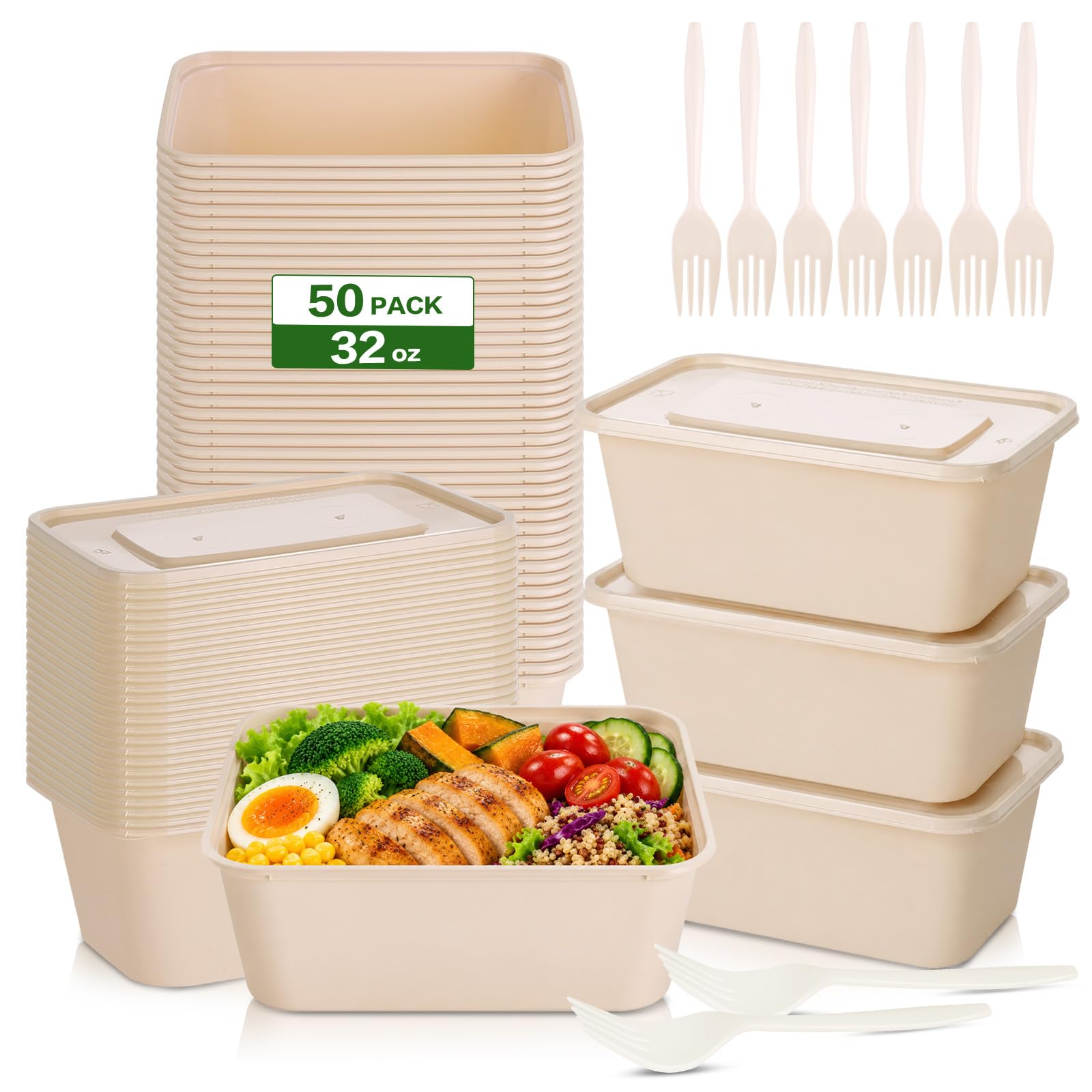 DI QIU REN 50Pack 32oz Compostable Meal Prep Containers with Lids & Forks