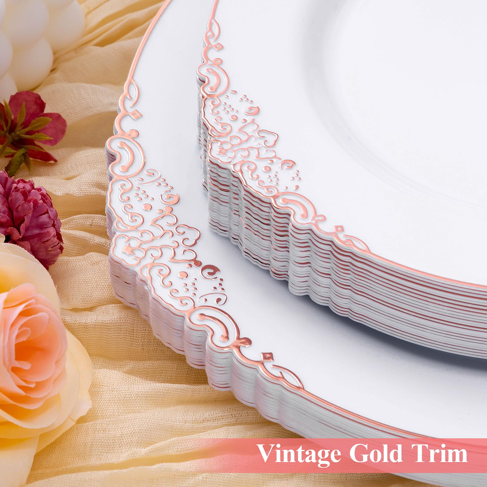 Bestluck 100 Pcs White And Rose Gold Plastic Plates For 50 Guests, Rose Gold Disposable Plates Include 50 Pcs Dinner Plates, 50