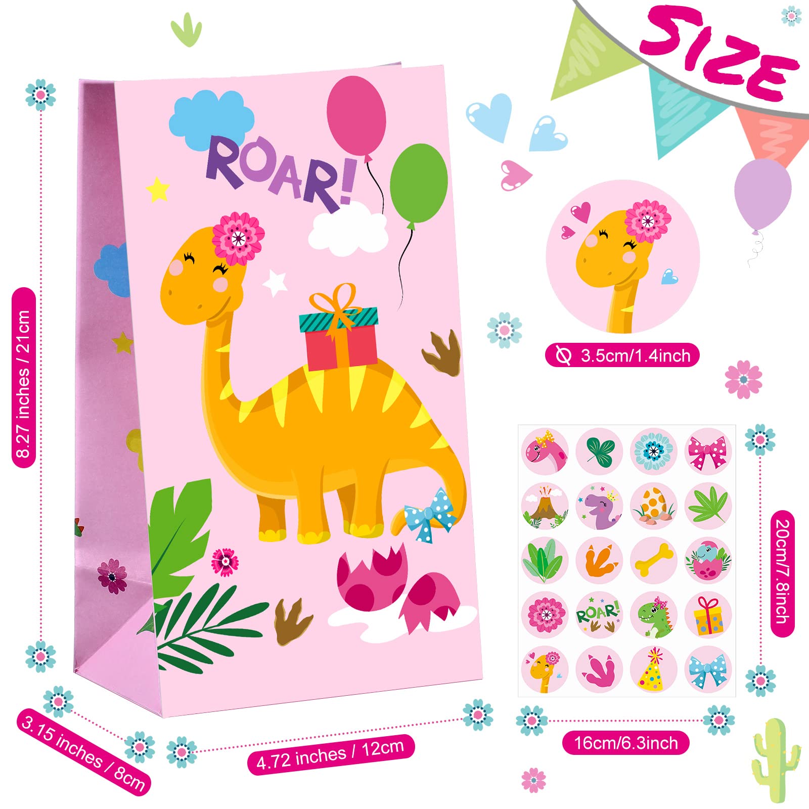24 Pieces Dinosaur Party Bags Dino Candy Favor Bags With Stickers Pink Goodie Treat Gift Bags For Kids Girls Dinosaur Birthday P