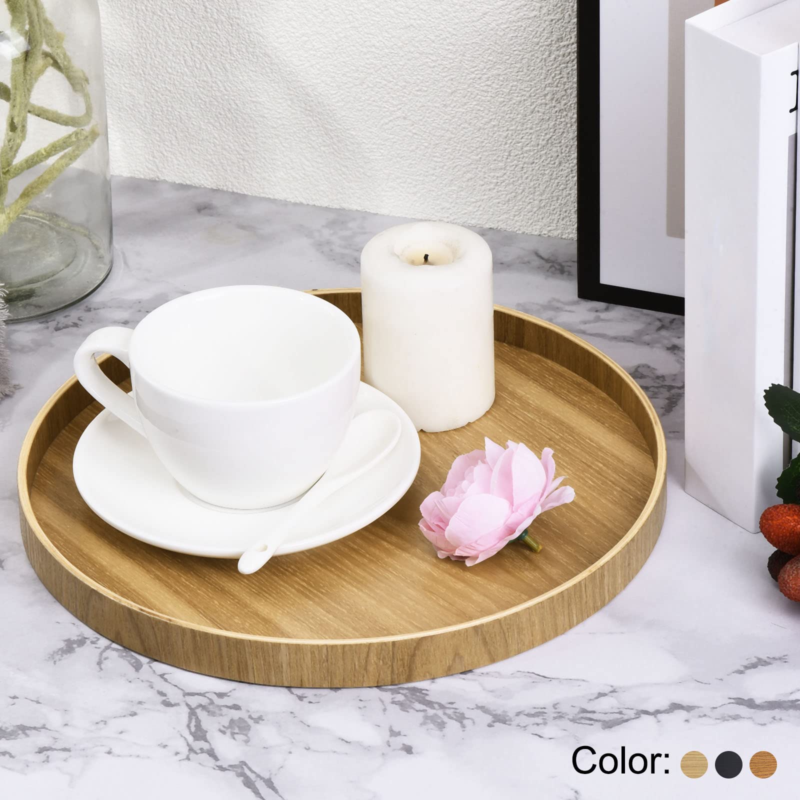 Patikil Wood Serving Tray 8 Inch, Round Decorative Platter For Home Decor Kitchen Table Candle Holder, Black