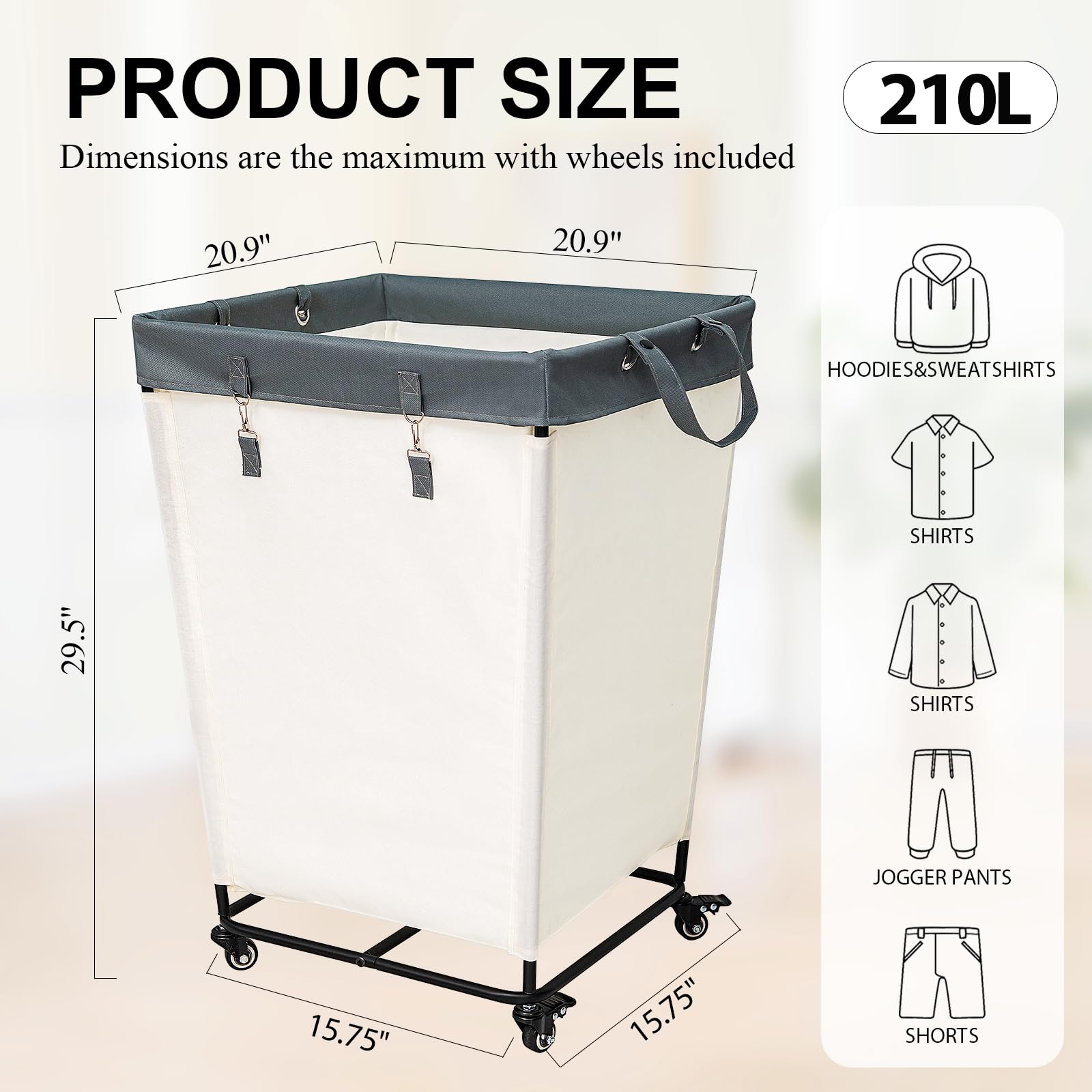 55 Gallons Laundry Basket With Wheels,Rolling Laundry Hamper, 210L Extra Large Laundry Basket, Dirty Clothes Hamper With Removab
