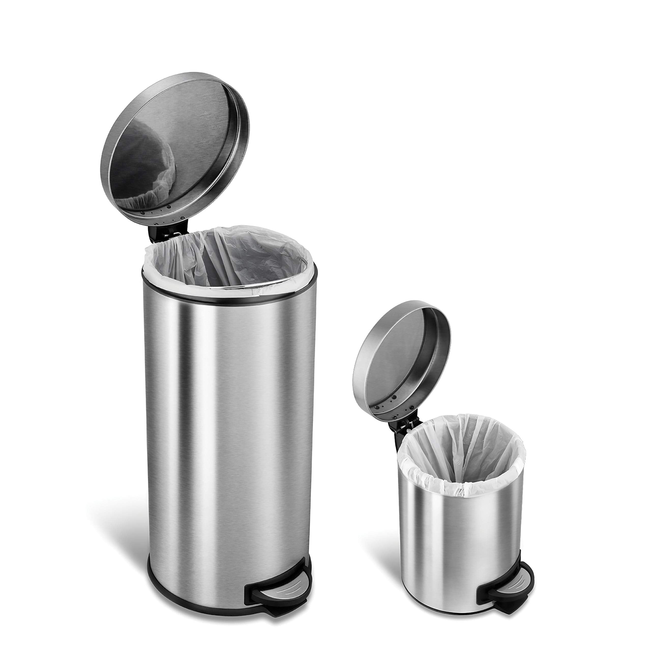 NINESTARS AMZ-CB-SOT-30-1/5-1 CB-SOT-30-1/5-1 Step-on Trash Can Combo Set  8 Gal 30L & 1.2 Gal 5L  Stainless Steel Base (Round  Lid)