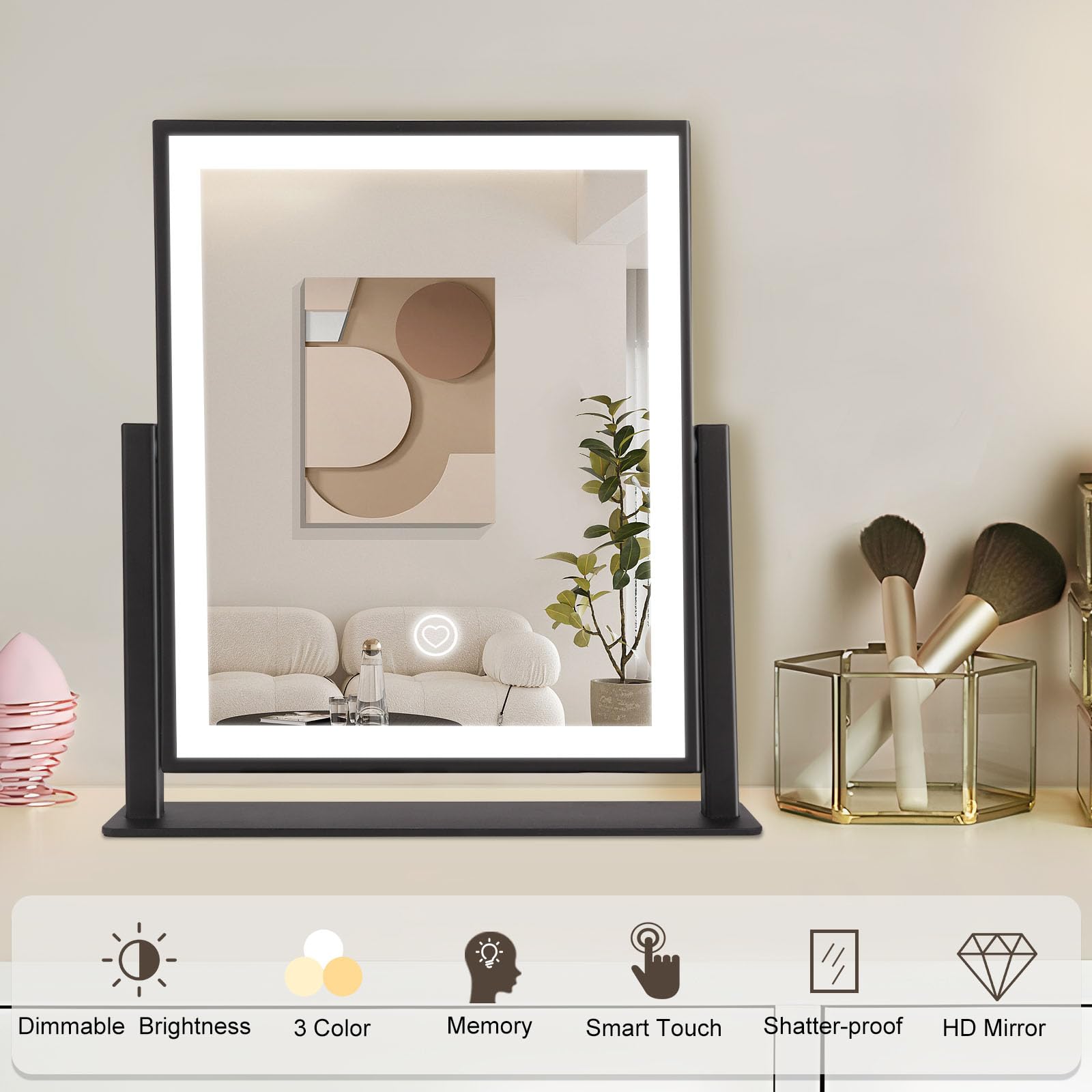 Beelux Vanity Mirror With Lights,16''  14'' Makeup Mirror With Light Smart Touch Control Dimmable 3 Modes Lighted Led Mirror 360