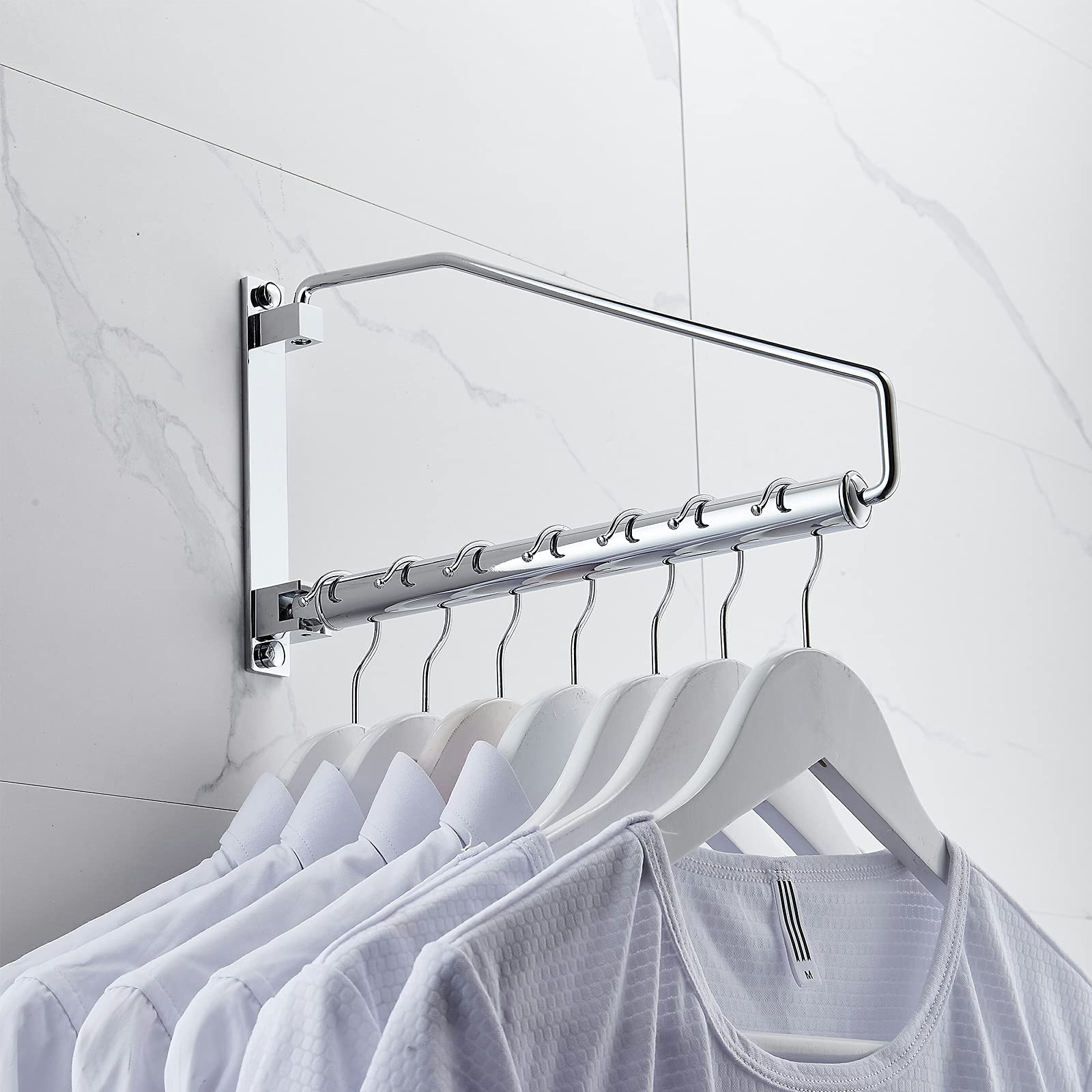 NEWRAIN Wall Mounted Clothes Hanger - Chrome Swing Arm Drying Rack, Space Saver, Triangle Design