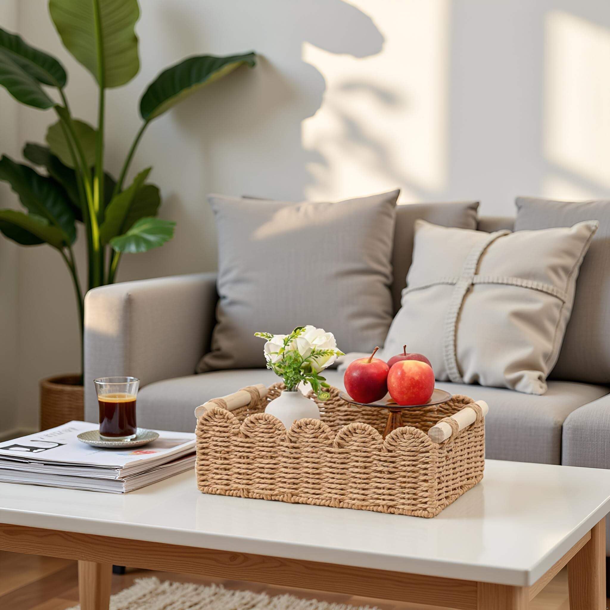 CubesLand Paper Rope Scalloped Edge Toilet Paper Storage Basket, Small Living Room, Bedroom Decor Baskets for Over Toilet Storag